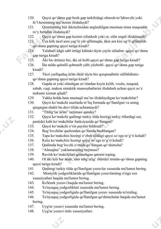 ng qaysi turi ot, sifat, son o‘rnida kelib, narsa-predment miqdori sanog‘ini bildirgan? 111. qaysi olmosh aslida ot bo‘lib, “ nafs ” va “ jon ” ma’nolarini anglatgan? 112. bäntä, manta olmoshning qaysi turiga kiradi? 113. qamuğ, alqu, barča, bütün, qop kabi olmoshlarning turini toping. 114. vi –x asrlarda ko‘proq qaysi ko‘rsatish olmoshlari ishlatilgan ? 115. ol, anï, anïŋ, aŋa,aŋaru, anta, anda olmoshning qaysi turi ko‘rsatilgan ? 116. aŋaru kishilik olmoshi qaysi kelishik qo‘shimchasi bilan qo‘llangan ? 117. “to‘nyuquq” bitiktoshida keltirilgan “özüm qarï boltïm” parchasidagi berilgan olmoshni toping. 118. bog‘langan qo‘shma gaplarni hosil qilishda nimalar qatnashgan? 119. qaysi qo‘shma gap ergash gaplar bosh gap tarkibida kelib, bevosita o‘zi aniqlab kelayotgan otning oldida qo‘llanadi? 120. qaysi qo‘shma gap bosh gap tarkibidagi olmosh-to‘ldiruvchi yoki fe’l-kesimning ma’nosini ifodalaydi? 121. qismlarning biri ikkinchisidan anglashilgan mazmun nima maqsadda ro‘y berishni ifodalaydi? 122. qaysi qo‘shma gap kesimi sifatdosh yoki ot, sifat orqali ifodalanadi? 123. üza kök taŋrï …