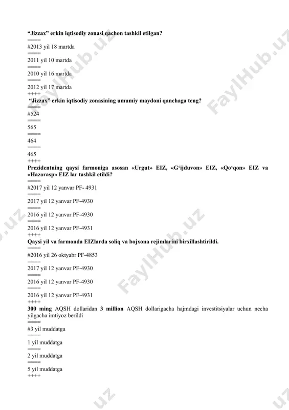 ilan ==== o‘zbekiston respublikasi vazirlar mahkamasining 2014 yil 31 dekabr, 375-sonli qaror bilan ++++ respublikamizda erkin iqtisodiy va kichik sanoat zonalardagi muammolar? ==== #erkin iktisodiy zonalar va kichik sanoat zonalarini elektr energiyasi, tabiiy gaz, suv va boshka kommunikatsiya tarmoklari bilan barqaror ta’minlashda muammolar ==== erkin iqtisodiy zonalar va kichik sanoat zonalarini elektr energiyasi bilan bog‘liq muammolar ==== kadrlar bilan bog‘liq muammolar ==== pul bilan bog‘liq muammolar ++++ mamlakatning investitsion iqlimi – bu… ==== #investitsiyalarni daromadliligiga va investitsion tavakkalchiliklarni darajasiga sezilarli darajada tasir etadigan mamlakatdagi investitsion faoliyatning shart-sharoitlarining xukukiy, iktisodiy va ijtimoiy tizimi ==== mamlakatning hududlarini yalpi investitsion salohiyatini tavsiflovchi ko‘rsatgich ==== mamlakatning oltin zahirasini xajmi ==== real investitsiyalash obektlari va moliyaviy investitsiyalash instrumentlari bozori ++++ investitsion iqlimning yaxshilanishi – bu… ==== #investitsiya muxitining investorlar uchun kulay shaklga kelishi ==== moliyaviy barqarorlik ==== iqtisodiy o‘sishning shart-sharoitlarini shakllantirish ==== siyosiy barqarorlik ++++ investitsion salohiyat – bu… ==== #investitsion faoliyatni amalga oshirish uchun …