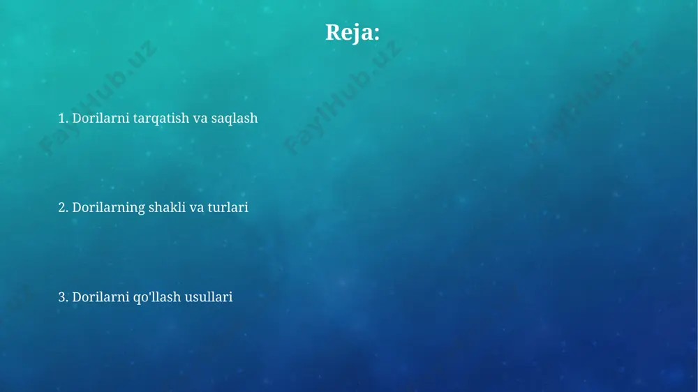 ilarni sovuq zanjir (2-8°c) yordamida saqlash va tashish, ayniqsa, 300 dan ortiq turdagi vaksinaning samaradorligini ta'minlash uchun juda muhim hisoblanadi. samarqand viloyatiga dorilarni yetkazib berish muddati, buyurtma berilgan kundan boshlab, o'rtacha 2-3 kunni tashkil etadi va bu transport vositalarining turi va yo'l masofasiga bog'liq. maxsus dorilarni qo'llash ba'zi maxsus dori vositalari, jumladan, 2-turdagi diabet uchun insulin preparatlari, namangan viloyatining dorixonalarida retsept bo'yicha beriladi va ularni saqlash shartlari +2 dan +8°c gacha bo'lishi kerak. maxsus dorilar, masalan, 5-10 mg dozalardagi opioid analjeziklar, faqat shifokor nazorati ostida, toshkentdagi ixtisoslashgan klinikalarda qo'llanishi kerak. dorilar bilan bog'liq xavfsizlik choralari dorilarning yaroqlilik muddati tugaganidan keyin 3 oy o'tgach, ularni maxsus tibbiy chiqindilarni qayta ishlash markazlariga topshirish kerak, masalan, samarqanddagi tibbiyot muassasalariga. dorilarni qabul qilishdan oldin, dozani shifokor bilan aniqlab olish va 12 yoshgacha bo'lgan bolalarga dorilarni faqat shifokor ko'rsatmasi bilan berish muhim. e'tiboringiz uchun rahmat @taqdimot_robot image3.png image4.jpg image5.jpg image6.jpg image7.jpg image8.jpg image9.jpg image10.jpg