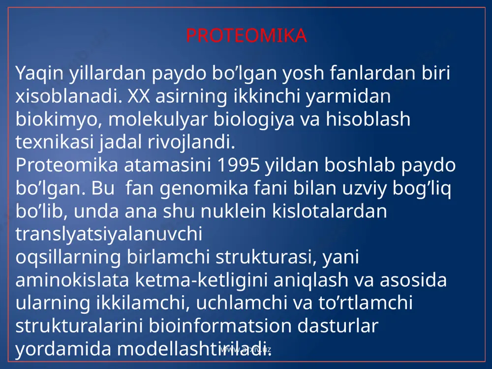 rish taxlili bilan shug’lanuvchi olimlar tayanadigan asosiy prinsip . so’ngi yillarda bir xil spetsifik muhitda xayot kechiradigan bakteriyalar genomi taxlili bilan bog’liq bo’lgan ko’plab loyxalar amalga oshirib kelinmoqda . misol sargass dengizidagi barcha bakteriyalarning sekvenirlanishi 70 mingdan ortiq yangi gen ketma-ketliklarini aniqlash imkonini berdi. shulardan o’rtacha 800 tasi fotoretseptor oqsillarini kodlovchi genlar bo’lib chiqdi. bu yorug’ik energiyasini boshqa turdagi energiyaga aylantiruvchi bakteriyalar xaqida ko’proq bilimga ega bo’lishga turtki bo’ldi. bioinformatika ilmiy maqola chop etilgan bo’lib unga ko’ra inson va oshqozon yarasi kasalligini qo’zgovchi helicobacter pilori bakteriyalari bir vaqtda yani bundan 58 ming yil ilgari afrikadan chiqib kelishgan, 20 ming yil ilgari esa inson qandaydir usul bilan bu mikrobni mushuksimonlarga bergan. bioinformatika usullari yordamida ketma-ketliklarni solishtirib, yana ko’plab kasallik qo’zg’atuvchi bakteriyalar masalan, qorin tifi qadim zamonlardan beri insoniyat bilan yonma yon kelishi aniqlandi. www.arxiv.uz www.arxiv.uz eng muhim yutuqlardan biri bo’lmish “odam genomi loyhasi” orqali insondagi xromosomalar xam butkul o’rganildi va xozirda …