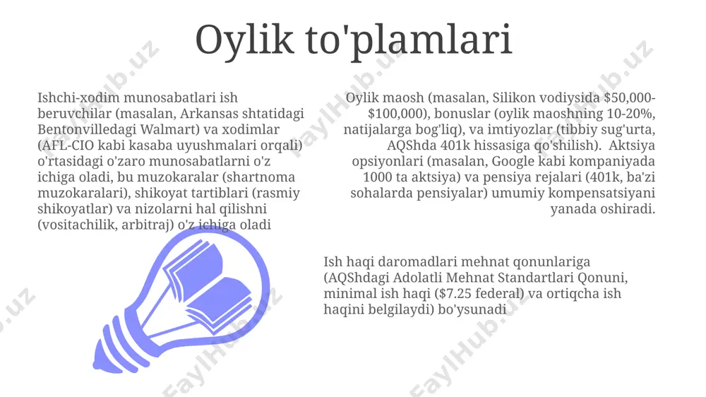 ga oldindan belgilangan formulalar asosida taqsimlaydigan foyda ulashish rejalar (masalan, skalon rejasi, raker rejasi) kaliforniyaning silikon vodiysi kabi joylardagi ish haqiga ta'sir qiladi. daromat tengsizligi qo'shimcha ish haqi ish beruvchilar (masalan, walmart, amazon) va xodimlar (yoki kasaba uyushmalari) o'rtasidagi ish haqi, imtiyozlar (shu jumladan, sog'liqni saqlash) va mehnat sharoitlari, shu jumladan, qo'shimcha ish vaqti bo'yicha muzokaralarni o'z ichiga oladi aqshning ko'plab shtatlarida (masalan, kaliforniya, nyu-york) adolatli mehnat standartlari to'g'risidagi qonunga (flsa) muvofiq, haftasiga 40 soatdan ortiq ish vaqti uchun 1,5 yoki 2 baravar miqdorda haq to'lash talab etiladi, bu soatlik ish haqiga va milliy daromad taqsimotiga ta'sir qiladi samarali ish haqi pbp tufayli daromad tengsizligi kuchayib bormoqda pbp samaradorligi hali ham munozarali samarali ishga haq to'lash (sih) tizimlari aqsh firmalarining 25%ida (2020 yil ma'lumotlari) qo'llanilib, ish haqini (oylik, bonuslar, ba'zi sohalarda o'rtacha $10,000) individual yoki jamoa samaradorligiga (masalan, $500,000lik sotuv rejalari, ohiodagi zavodlarda ishlab chiqarish kvotalarini 15% oshirish) bog'laydi kasaba …