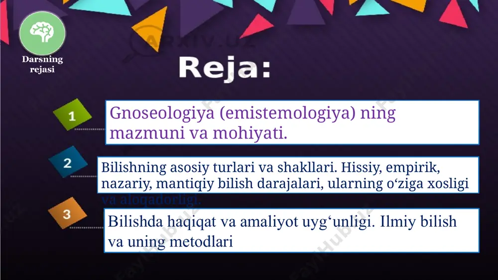 ’limotni boyitib, uni sub’ektning ob’ektga munosabati deb ta’rifladilar. dekartning so‘zlariga ko‘ra, sub’ekt – bu bilish harakatining sohibi bo‘lgan shaxsdir, fikrlovchi «men» dir. ob’ekt – bu sub’ektning bilish faoliyati yo‘naltirilgan narsadir, ya’ni bizni qurshab turgan butun olamdir. bilish ob’ekti bilish vaziyatida bevosita berilgan emas, u ijtimoiy amaliyotning rivojlanish darajasi bilan belgilanadi, determinatsiyalanadi. bilish sub’ekti ham o‘zining bilish faoliyati keng amalga oshiriladigan konkret ijtimoiy-tarixiy vaziyat orqali belgilanadi. binobarin, bilishning o‘zi ham ijtimoiy tabiatga ega, uni ijtimoiy amaliyot belgilab beradi. dunyoni bilib bo‘ladimi yoki yo‘qmi, agar bilib bo‘lsa, bu bizning ongimizda qanday aks etadi, degan masala hamisha falsafiy fikrni qiziqtirib kelgan. bilish nazariyasi, yoki gnoseologiya (yunoncha – bilish haqidagi ta’limot) – falsafiy ta’limotlarning ajralmas qismidir. gnoseologiya sub’ektning bilish faoliyatining prinsiplari, qonuniyatlari, shakllari, bosqichlari va darajalarini, shuningdek, shu prinsip va qonunlardan kelib chiqadigan, haqiqiy bilimga erishilishini ta’minlaydigan talablar va mezonlarni o‘rganadi. bilish nazariyasi bilish jarayonining oddiy, kundalik darajasini ham, bilishning umumiy ilmiy shakllari va …