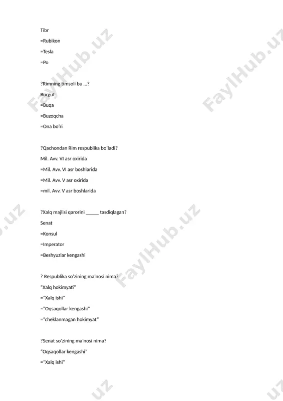 ilda =birinchi urush mill avv 146 yilda =uchinchi urush mill avv 216 yilda =ikkinchi urush mill avv 146 yilda ?ikkinchi puni urushida qancha rimliklar halok bo’lgan? 70 ming legioner =60 ming legioner =50 ming legioner =80 ming legioner ?gannibal qo’shini qachon mag’lubiyatga uchradi? mill avv 202 yilda =mill avv 216 yilda =mill avv v asrda =mill avv 146 yilda ?karfagen qachon butunlay vayron etildi? mill avv 146 yilda =mill avv 216 yilda =mill avv v asrda =mill avv 202 yilda ?provinsiya nima? bosib olingan yerlar =olingan o’ljalar =asirlar =chegaralar ?prokonsullar kimlar? provinsiya noibi =qullar =quldor =sarkarda ?”bo’lib tashla, hukmronlik qil” tamoyili asosida kimlar ish ko’rgan? rimliklar =karfagen =spartaliklar =sitsiliyaliklar ?nima sababdan rimda qullar soni nihoyatda ko’payib ketdi? zafarli yurishlar natijasida =rimga boshqa xalqlarning ko’plab kelishi natijasida =kambag’al aholining qarzga botishi natijasida =qul bozorlari savdosi tufayli ?qullar mehnatining unumdorligi kamayib ketishining sabablari nima edi? qullarda mehnatdan manfaatdorlik hissi mutlaqo bo’lmagan. =qullar …