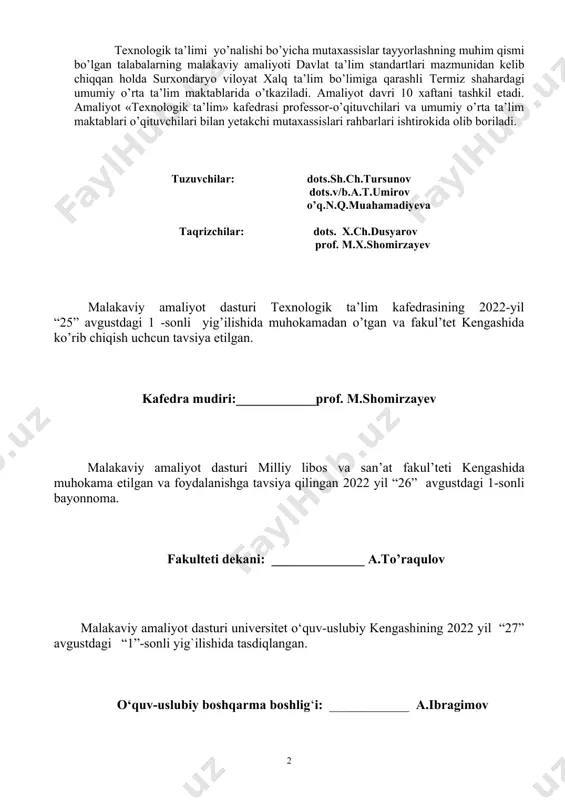 tini o’tash jarayonida umumiy o’rta ta’lim maktablarida o’qitish uslublari va ilg’or pedagogik texologiyalariing o’quv jarayoniga tatbiq etish yo’llarini yoritishlarida amaliyot jarayoni muhim ahamiyat kasb etadi. umumiy o’rta ta’lim maktablari o’tkaziladigan malakaviy amaliyotining vazifalari quyidagilardan iborat: · umumiy o’rta ta’lim maktablari tarixi, kasb-hunarga yo’naltirish bo’yicha o’quv rejalari, fan dasturlari bilan tanishish · umumiy o’rta ta’lim maktablaridagi ma’naviy va ma’rifiy ishlar mazmuni, rejalari, tashkiliy strukturasini o’rganish · ishlab chiqarish ta’limi ustalarining faoliyatini o’rganish · to’garak rahbarlarining faoliyati bilan tanishish · maxsus fan o’qituvchilarining dars jarayonida o’quvchilar faolligini oshirish borasidagi olib borayotgan uslubiy ishlari tizimini o’rganish · umumiy o’rta ta’lim maktablaridagi texnologik dars jarayonlarida foydalanilayotgan zamonaviy pedagogik texnologiyalar bilan tanishish · amaliy ishlarini bajarishda qo’llaniladigan uskuna va jixozlaridan samarali foydalanish usullarini o’rganish; · mustaqil ravishda ilmiy ishlar mavzusi va unga turdosh mavzularda yangi pedagogik texnologiyalar asosida mashg’ulotlar o’tkazish; · fan bo’yicha bo’sh o’zlashtiruvchi o’quvchilarga yordam berish usullarini o’rganish va ilmiy ishini bajarishda ularni …