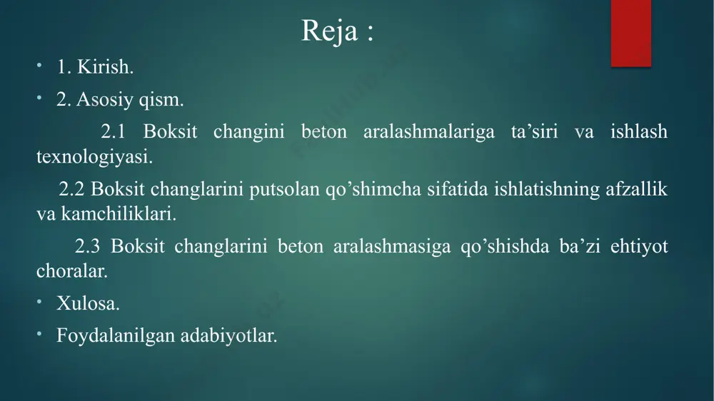 ta’siri va ishlash texnologiyasi ishlash texnologiyasi 1. tayyorlash: boksit chiqindilari kerakli mayda zarrachalar darajasigacha maydalangan holda ishlatiladi (masalan, 45 mikron yoki undan mayda). 2. qo‘shish miqdori: beton aralashmasiga qo‘shiladigan boksit changi miqdori odatda sement massasining 10–30% oralig‘ida tavsiya etiladi. 3. sinov va baholash: tayyorlangan beton namunalarining bosim mustahkamligi, suv singdiruvchanligi va sovuqqa chidamliligi sinovdan o‘tkaziladi. 2.2 boksit changlarini putsolan qo’shimcha sifatida ishlatishning afzallik va kamchiliklari afzalliklari : betonning sifatini oshiradi : zichroq tuzilish hosil qilib, betonning xizmat muddatini uzaytiradi. issiqlik izolyatsiyasini yaxshilash : boksit changlari betonning issiqlik oʻtkazuvchanligini pasaytiradi, bu esa uni issiqlik izolyatsiyasi uchun samaraliroq qiladi. sement iste'molini kamaytirish : sementni boksit kukuni bilan qisman almashtirish sementning umumiy miqdorini kamaytirishi mumkin. kuchning oshishi : putsolanlik reaksiya vaqt o'tishi bilan qo'shimcha kuchning rivojlanishiga yordam beradi. 2.2 boksit changlarini putsolan qo’shimcha sifatida ishlatishning afzallik va kamchiliklari kamchiliklari : jarayon murakkabligi : boksit changini tozalash va tayyorlash jarayonlari qo‘shimcha texnologik uskunalarni talab …