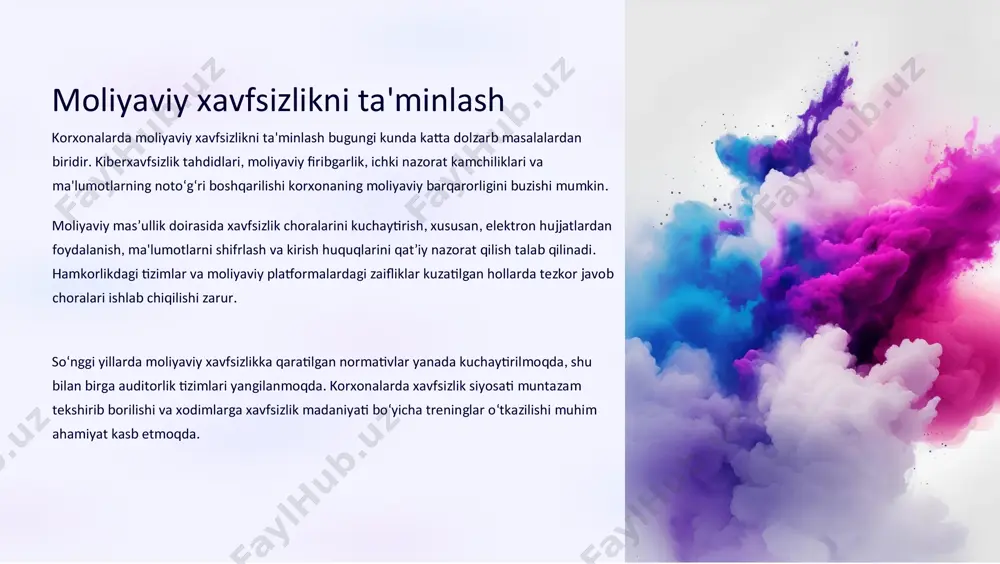 ror rivojlanish tamoyillari korxonaning uzoq muddatli muvaffaqiyati uchun asos bo‘lib xizmat qiladi. iqtisodiy jihatdan barqaror, ijtimoiy va ekologik mas’uliyatni hisobga olgan qarorlar qabul qilish extiyojlari kuchaymoqda. korxonalar investitsiya va moliyaviy siyosatlarni shakllantirishda esg (environmental, social, governance) tamoyillarini joriy qilmoqda. bu esa nafaqat moliyaviy ko‘rsatkichlarni yaxshilashga, balki brend imidjini mustahkamlashga ham yordam beradi. barqaror rivojlanishni amalga oshirish uchun korxonalar resurslarni tejash, energiya samaradorligini oshirish va ijtimoiy adolatni ta’minlashga qaratilgan strategiyalarni ishlab chiqishlari kerak. shu bilan birga, moliyaviy hisobotlarda bu ko‘rsatkichlarning ochiqligini ta’minlash zarurati ortib bormoqda. moliyaviy hisobotlarning shaffofligi sifatli moliyaviy hisobotlar korxonaning imidjini oshiradi va investorlar hamda boshqa manfaatdor tomonlar ishonchini mustahkamlashda muhim rol o‘ynaydi. shaffoflik moliyaviy axborotning to‘liqligi, aniq va oson tushunarli bo‘lishi bilan belgilanadi. korxonalar global standartlarga mos hisobotlar tayyorlashga intilmoqda, bu esa xalqaro moliyaviy bozorlar bilan integratsiyani soddalashtiradi. hisobotlarning elektron shaklda taqdim etilishi va real vaqt rejimida yangilanish imkoniyati o‘rtacha bozor tezligi talablariga javob beradi. moliyaviy shaffoflikni ta’minlash …