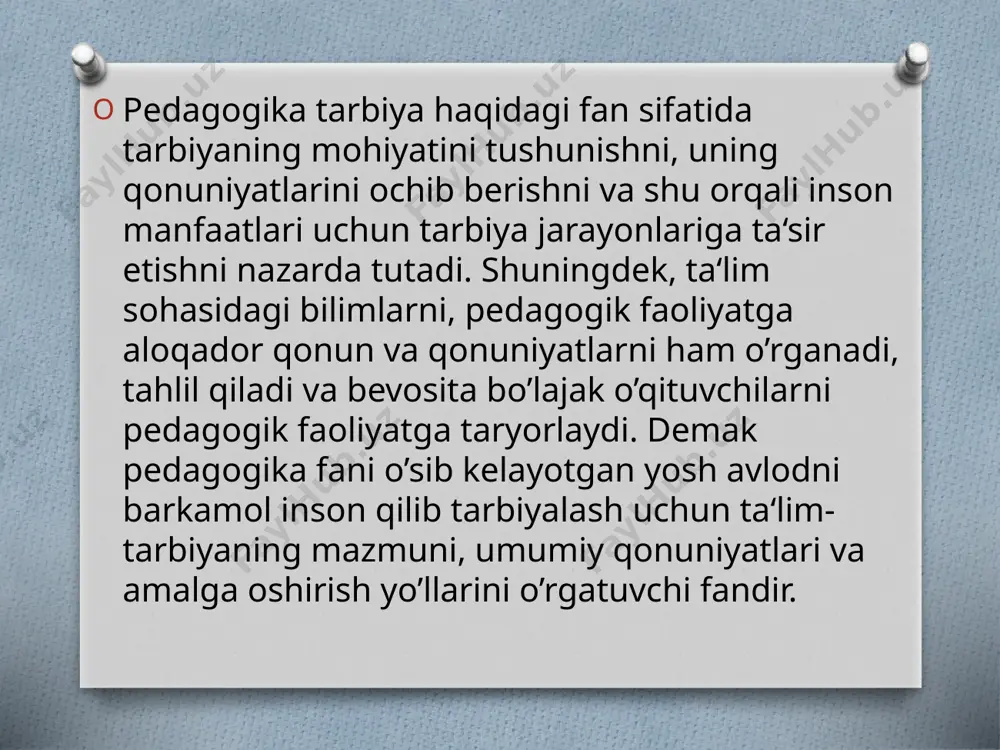 buyuk burilishlar bo’lgani barchaga ayondir. davlatning buyuk kelajagi, albatta yoshlarni chuqur bilimli va pokiza axloq-odob, qalb ekanini yoddan chiqarmaslik lozim. bu katta muammoda mahoratli, bilimli pedagoglarning va pedagogik mahorat fanining roli o’lkan. shu bilan birga o’qituvchi yosh avlodni hayotga, ongli mehnat va kasb tanlashga tayyorlashi, ularning axloqiy, huquqiy, etik, estetik bilim va mahoratlarining rivojlanishiga e‘tibor qaratishi lozim. kadrlar tayyorlash milliy dasturi o’qituvchi shaxsiga ham katta talablar quymoqda image3.jpeg image4.png image5.png image6.png image7.png image8.png image9.png image10.png image11.png image12.png image13.png image14.png image15.png /docprops/thumbnail.jpeg
