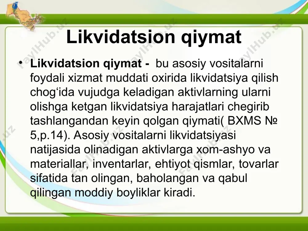 llarining moxiyatini, ularning solik solish bazasiga ta’sirini qo‘yidagi misol asosida ko‘rib chiqaylik. aytaylik, avtomashinaning boshlang‘ich qiymati – 1000000 so‘m, korxona tomonidan ko‘zda tutilgan likvidatsion qiymat – 100000 so‘m, xizmat muddati – 5 yil, yillik eskirish me’yori – 20%. texnik pasportida xizmat muddati davrida ko‘zda tutilgan ish hajmi (soatlarda) – 10000 soat. mashinaning haqiqatda ishlagan vaqti hisob ma’lumotlari bo‘yicha 1-yilda – 2000 soat, 2-yilda – 3000 soat, 3-yilda – 2500 soat, 4-yilda – 1500 soat, 5-yilda – 1000 soat. bir maromda hisoblash usuli. ushbu usulning mohiyati shundaki, u amortizatsiyalanadigan qiymatni foydali xizmat muddat davomida bir maromda (miqdorda) hisoblashni, jamlangan amortizatsiya (eskirish) ni bir maromda ko‘payib borishini va qoldiq qiymatini bir maromda kamayib borishini taqozo etadi. yillik amortizatsiya (eskirish) summasi yillar boshlan-g‘ich qiymat amorti-zatsiyala-nadigan qiymat amorti-zatsiya me’yori yillik amorti-zatsiya jamlan-gan amorti-zatsiya qoldiq qiymat 1 1000000 900000 20% 180000 180000 820000 2 1000000 900000 20% 180000 360000 640000 3 1000000 900000 20% 180000 …
