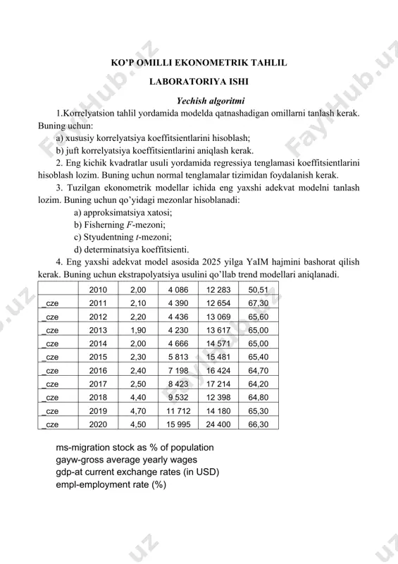егрессионная статистика множественный r 0,991708 r-квадрат 0,983486 нормированный r-квадрат 0,976408 стандартная ошибка 0,171702 наблюдения 11 дисперсионный анализ df ss ms f значимость f регрессия 3 12,28999 4,096665 138,9575 1,34e-06 остаток 7 0,20637 0,029481 итого 10 12,49636 коэффициенты стандартная ошибка t-статистика p-значение нижние 95% верхние 95% нижние 95,0% верхние 95,0% y-пересечение 2,391613 0,788823 3,031877 0,019064 0,526344 4,256882 0,526344 4,256882 x1 0,0004 2,16e-05 18,52235 3,32e-07 0,000349 0,000451 0,000349 0,000451 x2 -0,00021 2,37e-05 -8,76162 5,08e-05 -0,00026 -0,00015 -0,00026 -0,00015 x3 0,010069 0,012495 0,805893 0,446813 -0,01948 0,039614 -0,01948 0,039614 вывод остатка наблюдение предсказанное y остатки 1 1,979584 0,020416 2 2,192954 -0,09295 3 2,108256 0,091744 4 1,905645 -0,00564 5 1,881363 0,118637 6 2,155058 0,144942 7 2,505802 -0,1058 8 2,826535 -0,32653 9 4,278109 0,121891 10 4,784713 -0,08471 11 4,381983 0,118017 tahlil natijalariga diqqat bilan ahamiyat beradigan bo’lsak, natijalar uch qismdan tashkil topganini ko’rishimiz mumkun. i-qism регрессионная статистика (regression statistika) deb nomlangan bo’lib, bu qismda множественный r …