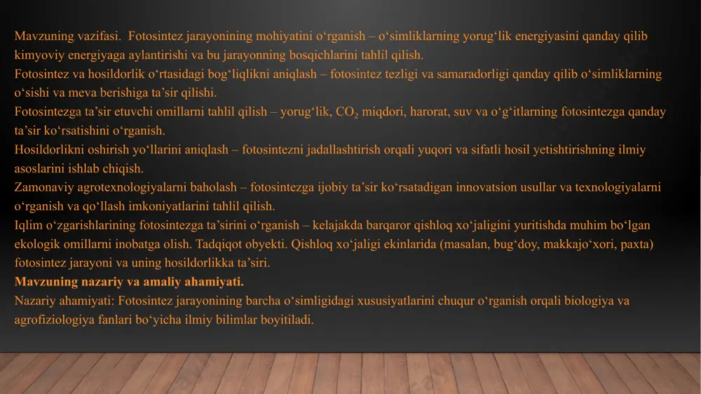 tadqiqotlar amalga oshirilgan bo‘lib, kungaboqar va boshqa qishloq xo‘jaligi ekinlarining fotosintez faoliyatini yaxshilash orqali hosildorlikni oshirish bo‘yicha ilmiy asoslar ishlab chiqilgan. shu bilan birga, o‘zgaruvchan iqlim sharoitida fotosintez va hosildorlik munosabatlarini o‘rganish masalasi hanuzgacha dolzarbligicha qolmoqda, ayniqsa kungaboqar kabi iqtisodiy jihatdan muhim ekinlar uchun. antirish: kimyoviy o‘g‘itlardan ko‘proq foydalanish o‘rniga, fotosintezni tabiiy tarzda rag‘batlantirish orqali ekologik xavfsiz hosil olish mumkin. fotosintez tuzilmasining makto mikro strukturalari tilaqoid, granalar va stroma xloroplastlar – fotosintez jarayoni amalga oshadigan asosiy organoid bo‘lib, ular murakkab ichki tuzilishga ega. xloroplast ichida fotosintez bilan bog‘liq uch asosiy komponent mavjud: tilaqoidlar, granalar va stroma.1. tilaqoidlar – xloroplast ichida joylashgan disk shaklidagi membranali tuzilmalar bo‘lib, ular fotosintezning yorug‘lik bosqichi sodir bo‘ladigan asosiy joy hisoblanadi.tilaqoid tuzilishi va xususiyatlari tilaqoidlar ikki qavatli lipoproteid membrana bilan o‘ralgan bo‘lib, membranada fotosintetik pigmentlar (xlorofill a, xlorofill b, karotinoidlar) va elektron tashuvchilar joylashgan.tilaqoid membranasida quyidagi asosiy fotosintez jarayonlari sodir bo‘ladi:yorug‘likni yutish va fotokimyoviy reaksiyalarni boshlash.elektron …