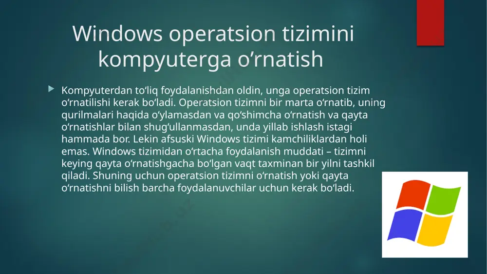 ing ichki aloqasini qayta tiklash mumkin. ilovalarning ishlash xususiyati saqlanadi, muammolar yo‘q bo‘ladi. windows operatsion tizimini o‘rnatish jarayoni har qanday usulda ham deyarli bir xil. birinchi bosqich – o‘rnatish ustasini (master ustanovki) tayyorlash va ishga tushirish. bunda foydalanuvchi qatnashmaydi va joriy operatsion muhitning doirasida amalga oshiriladi. kompyuterga qo’shimcha yangi qurilmalarni ulash kompyuterga qo’shimcha qurilamalar portlar orqali ulanadi. tashqi qurilmalarni ulash uchun kiritish/chiqarish kontrollerlarining ketma-ket va parallel portlari ishlatiladi, odatda, ularning razyomlari kompyuterning orqa panelida joylashtirilgan. portlar ma’lumotlarni bir yo‘nalishda uzatishni (simpleks ish tartibi), yo‘nalishlarni qayta ulashni (yarim dupleks ish tartibi) va har ikkala yo‘nalishlarda (dupleks ish tartibi) ma’lumotlarni uzatish ish tartiblarida ishlashi mumkin. abonentlarning ulanish topologiyasi ikki nuqtali (rs-232s interfeys uchun) yoki tarmoqlangan (vsb yoki fire wire) bo‘lishi mumkin. portlar parallel va ketma-ket turlarga bo‘linadi. parallel port printer, skaner yoki tashqi jamlagichni ulash uchun ishlatiladi. tashqi qurilmani parallel portga ulash maxsus kabel orqali amalga oshiriladi, u bir necha bitlarni bir …