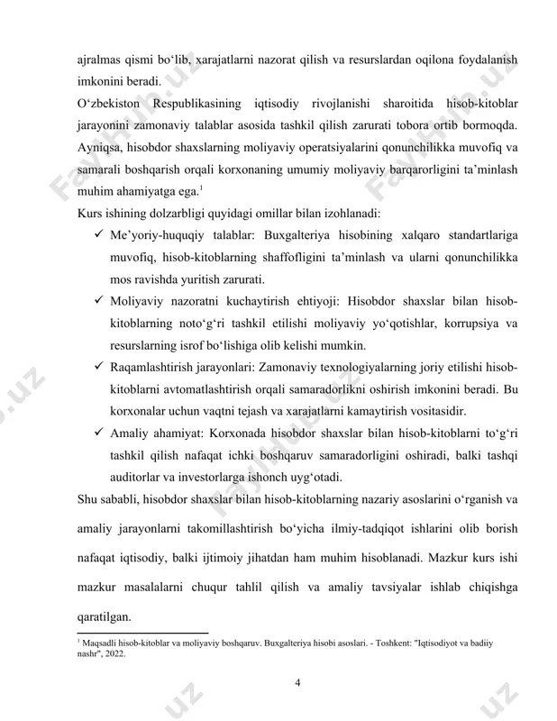 iga qaratilgan. kurs ishi nafaqat nazariy bilimlarni, balki amaliyotga joriy etilishi mumkin bo‘lgan innovatsion yechimlarni ham o‘z ichiga oladi. 1. hisobdor shaxslar bilan hisob-kitoblar tashkil qilish xodimlariga mehnat haqi bo'yicha, operatsiort va ma’muriy-xo'jalik xarajatlari uchun hisobdorlik asosida, shuningdek, xizmat safarlari uchun berilgan bo'naklar bo'yicha hisob-kitoblar quyidagi schyotlarda amalga oshiriladi: 4210-“mehnat haqi bo'yicha berilgan bo'naklar”; 4220-“xizmat safarlariga berilgan bo'naklar”; 4230-umumxo‘jaiik xarajatlari uchun berilgan bo'naklar”; 4290-"xodimlarga berilgan boshqa bo'naklar”. hisobdorlikka berilgan summaga, xodimiarga berilgan bo'naklami hisobga oluvchi schyotlar pul mablag'larini hisobga oluvchi schyotlar bilan, jumladan 5010- “milliy valutadagi pul mablag'lari”, 5020-“chet el valutasidagi pul mablag'lari” schyotlari bilan bog'langan holda debetlanadi. to'liq ishlatilmagan bo'naklar (masalan, xizmat safarlari uchun) korxona kassasiga qaytarilishi lozim. hisobdor shaxslar bilan hisob-kitoblar korxonaning moliyaviy tizimida alohida o‘rin tutadi, chunki ularning xarajatlari to‘g‘ri nazorat qilinmasa, korxonaning moliyaviy resurslari samarali boshqarilmay qolishi mumkin. hisob-kitoblarni to‘g‘ri tashkil qilish quyidagi bosqichlarni o‘z ichiga oladi: hisobdor shaxs tushunchasi: hisobdor shaxs korxona manfaatlarini himoya qilish …