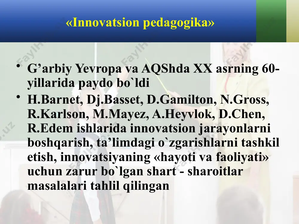 darsga psixologik tayyorgarliklari o’quvchilarning muayyan darajada xayotiy tajribalarga egaliklari o’quvchilarning o’qituvchi tomonidan qo’yiladigan talablarga bo’ysunishi xaqida o’quvchilarning o’zlashtirish darajasi yuqoriligi o’quvchilarning tengdoshlari va o’qituvchi bilan xamkorlik qilishga moyinliklari o’quvchilarning darsga nisbatan ma’suliyatli yondashishlari, burchini anglashi to’g’risida 21 o’qituvchi interfaol ta’lim yordamida o’quvchining qobiliya- tini rivojlantirish, mus- taqilligini, o’z-o’zini nazorat qilishi, teng- doshlari bilan suhbat, fikr muloxazalarini erkin bayon qilish murakkab vaziyatdan chiqa olish kabi sifat- larni shakllantirish. ko’p fikrlilik fikrlashga asoslangan faoliyat tanlash imkoniyatining mavjudligi suxbat (dialog) g’oyalarning yaratilishi muvafaqiyatli vaziyatlarning xosil qilinishi interfaol ta’limning asosiy belgilari: interfaol ta’lim meto- dini interfaol ta’lim tashkil etadi. e’tiboringiz uchun raxmat! image2.jpg media1.wav image3.png image4.gif image5.jpeg image10.jpeg image11.jpeg image12.jpg image13.jpeg image14.jpeg image15.jpeg image16.jpeg image17.jpeg image18.jpg image19.jpeg image20.jpeg image21.jpeg image22.jpg image23.gif image1.jpg