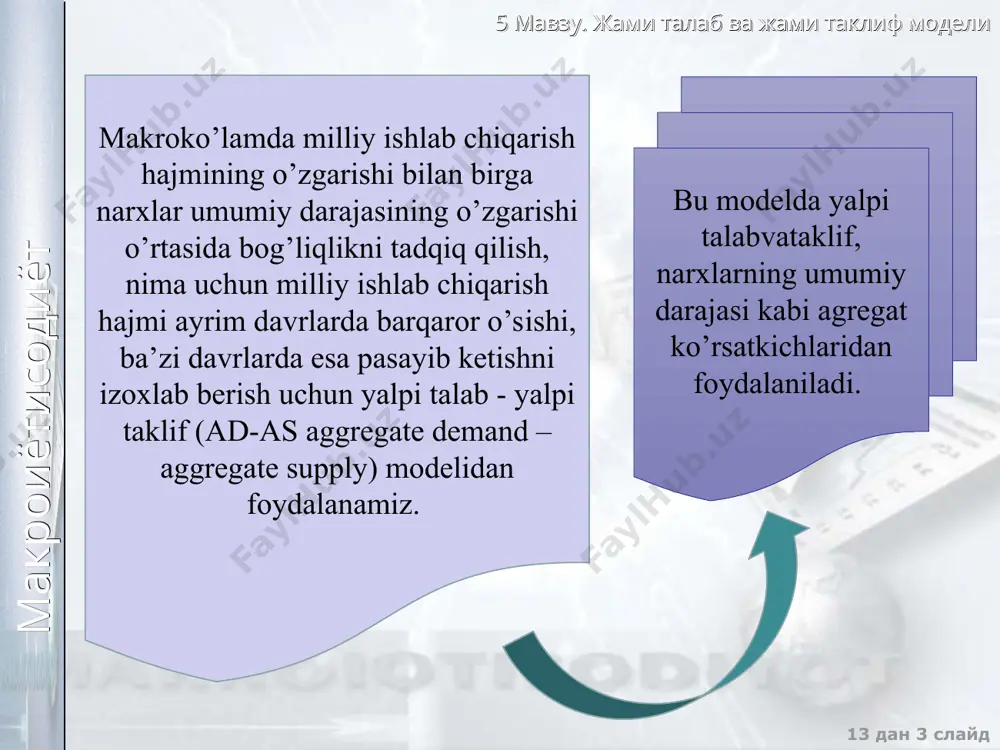 cha quvvatlar asbob-uskunalarning eskirish darajasi soliqlarning o’zgarishi pul massasi va pul aylanish tezligining o’zgarishi bilan bog’liq foiz stavkasining o’zgarishi fan va texnika yutuqlari ortiqcha quvvatlar asbob-uskunalarning eskirish darajasi soliqlarning o’zgarishi pul massasi va pul aylanish tezligining o’zgarishi bilan bog’liq foiz stavkasining o’zgarishi 2. investitsiyalar darajasidagi o’zgarish oshsa agar: kamaysa agar: p ad y p ad y 5 мавзу. жами талаб ва жами таклиф модели макроиётисодиёт 13 дан * слайд jami talabning narxlarga bog’liq bo’lmagan omillari (yalpi talab egri chizig’ining siljishlari): 3. davlat harajatlariga ta’siri oshsa agar: kamaysa agar: davlat harajatlari favqulodda vaziyatlar (urush, tabiiy ofat va boshqalar) soni davlat harajatlari favqulodda vaziyatlar (urush, tabiiy ofat va boshqalar) soni p ad y p ad y 5 мавзу. жами талаб ва жами таклиф модели макроиётисодиёт 13 дан * слайд 4. sof eksportga ta’sir ko’rsatish oshsa agar: kamaysa agar: jami talabning narxlarga bog’liq bo’lmagan omillari (yalpi talab egri chizig’ining siljishlari): horijiy mamlakatlardagi milliy …