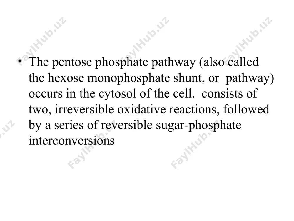 ve portion of the pentose phosphate pathway consists of three reactions that lead to the formation of ribulose 5-phosphate, and two molecules of nadph for each molecule of glucose 6-phosphate oxidized the nonoxidative reactions of the pentose phosphate pathway occur in cell types synthesizing nucleotides and nucleic acids. these reactions catalyze the interconversion of three-, four-, five-, six-, and sevencarbon sugars glycosaminoglycans (gags) are large complexes of negatively charged heteropolysaccharide chains glyukozani aerob oksidlanishi glyukozani aerob oksidlanishi so2 va n2o. : s6n12o6 q 6o2 → 6so2q 6n2o q 2880 kdjg’mol. bu jarayeni bir necha bosqichda amalga oshadi: aerob glikoliz. 1 glyukozadan 2 piruvat, 2 atf va 2 nadn2 ; 2 piruvat oksidlanib dekarboksilanib 2 atsetil-koa , 2 so2 va 2 nadn2; uchkarbon kislotalar sikli. 2 atsetil-koa , 4 so2, 2 gtf (2 atf), 6 nadn2 va 2 fadn2; nafas zanjirida. 10 (8) nadn2, 2 (4) fadn2 va 6 n2o. glikoliz …
