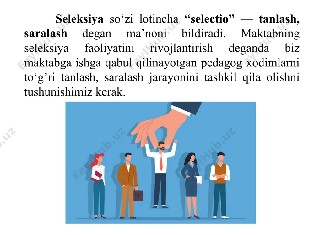 orqali online shaklda yuborishni joriy qilish kerak; 3 nomzodlar ro‘yxatini shakllantirish ariza topshirganlarning barchasi nomzodlar ro‘yxatiga kiritiladi. buning uchun nomzodlarning barchasi tuman (shahar) bandlikka ko‘maklashish va kambag‘allikni qisqartirish bo‘limi yo‘llanmasini taqdim etishi kerak. ishga qabul qilish komissiyasi yoki ma'murlar nomzodlarni malakasi, tajribasi va lavozimga muvofiqligi asosida qisqa ro‘yxatga olish uchun qabul qilingan arizalarni ko‘rib chiqadi. dastlabki mezonlarga javob beradigan nomzodlar keyingi baholashga taklif qilinadi. -nomzodlar ro‘yxatini yagona platforma orqali elektron ravishda shakllantirish mexanizmini joriy qilish kerak. -yo‘llanmani berish tartibi elektron shaklda bo‘lishi kerak 4 tanlov komissiyasi tarkibi toq sondagi a’zolardan iborat tanlov komissiyasi suhbatidan o‘tadi. komissiya tarkibi: -maktab direktori -o‘quv ishlari bo‘yicha direktor o‘rinbosari -ma’naviy-ma’rifiy ishlar bo‘yicha direktor o‘rinbosari -kadrlar bo‘yicha menejer -malakali o‘qituvchi -metodbirlashma rahbari -kasaba uyushmasi raisi nomzodlar maktab ma'muriyati, o‘qituvchilari yoki ta'lim organi vakillaridan iborat guruh tomonidan o‘tkaziladigan suhbatga taklif qilinadi. -koginitiv qobiliyatlarini aniqlash; -vaziyatni baholash keyslarini olish; 5 ma’lumotlar va hujjatlarini tekshirish tanlov komissiyasi faqatgina nomzodlar …