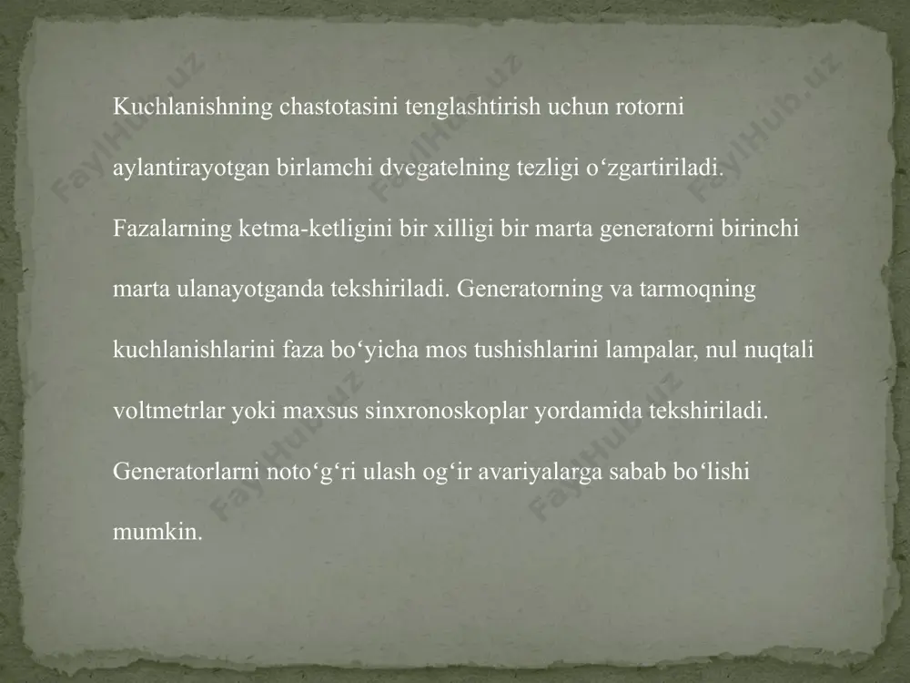 maxsus pribor- sinxronoskop yordamida anikdanadi. noaniq sinxronlash usuli. elektr stansiyalarda ba’zan bitta yoki bir necha sinxron generatorlar elektr tarmogiga parallel ulanib, ishdan tez-tez toʻxtatib turiladi. bu sh aroitda har gal sinxronlash koʻp vaqt va malaka talab qiladi. soʻnggi vaqtlarda parallel ulashning yangi usuli, ya’ni noaniq sinxronlash usuli ish lab chiqildi va bu usul turli elektr stansiyalarda keng tatbiq qilinmokda. bu usulda xatto kuchlanish va chastotalarning farqi ancha katta boʻlgan sharoitda ham generatorni qisqa vaqt ichida tarmoqqa parallel ulash mumkin. sinxron generatorning burchak xaraktestikasi. mashinaning induktiv qarshiligi xc ham oʻzgarmas miqdor u xolda sinxron mashinaning elektromagnit quvvati yoki momenti faqat  burchakga bogʻliq boʻladi: pem=f() va mem=f()bu bogʻlanishlar sinxron mashinaning burchak xarakteristikasi deyiladi.sinxron mashinalarning burchak harakteristikasi sinusoidal egri chiziq boʻlib muhim amaliy ahamiyatga egadir bu harakteristikasi yordamida sinxron mashinaning sinxron ishlashining mukammalroq oʻrganish mumkin. sinxron generatorning elektromagnit momenti sinxron mashina generator sifatida ishlaganda tashqi zanjirga p2=muicos ga aktiv kuvvatni beradi. bundan …