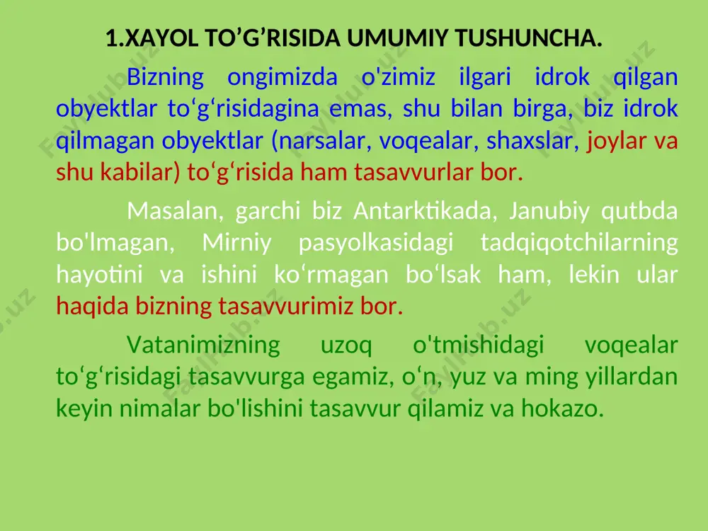 atida rivojlanib kelgan. odamlar o'z ehtiyojlarini qondirmoq uchun odam aralashmasdanoq tabiat berayotgan mahsuldan ham ko'ra ko‘proq mahsul olish niyatida tevarak-atrof olamni o'zgartirganlar va uni o'zlariga buysundirganlar. o'zgartirmoq va yaratmoq uchun esa istalgan narsani oldindan tasavvur qilish, shunday o'zgartirishga qanday yo‘llar bilan erishishni va uning natijalarini tasavvur qilish lozim bo'lgan. bora-bora odamning xilma-xil ehtiyojlari — ijtimoiy, bilish, estetik va shu kabi ehtiyojlari rivojlana borgan sari xayol ham rivojlana borgan. jamiyatdagi odamlarning ijodiy faoliyatida namoyon bo'layotgan xayol ham ijtimoiy hayot sharoitiga va umumiy madaniy rivojlanish darajasiga qarab, shu jamiyatdagi odamlarning asosiy intilishlariga qarab, alohida xarakter, alohida yo'nalish kasb qilaveradi. 2. xayol qilish jarayoni. xayol tasavvurlarining idrok obrazlaridan va xotira tasavvurlaridan farqi shuki, xayol tasavvurlari tajribamizda orttirilgan obyektlarga ega emas. xo‘sh, odamlarning ongida bu obrazlar qayerdan va qanday qilib paydo bo'ladi, degan savol tug'iladi. albatta, bu obrazlar biror manbaga ega bo'lmay, yo'q narsadan paydo bo'lishi mumkin emas. muayyan bir ehtiyoj mavjud bo'lgan taqdirda …