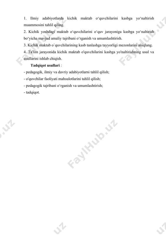 biy yo'l-yo'riq ko'rsatishning nazariy asoslari 1.1-§. kichik maktab o'quvchilarini o'quv jarayonida kasbiy yo'naltirish muammolari l.d.ning ta'rifiga ko'ra. stolyarenkoning fikriga ko'ra, kasbga yo'naltirish - bu har bir shaxsning individual imkoniyatlariga mos keladigan kasblarni oqilona tanlashda yordam berish uchun uning shaxsiy xususiyatlari, qiziqishlari va qobiliyatlarini aniqlashga qaratilgan faoliyat tizimi [7; 429-bet]. s.n.chistyakova kasbga yo‘naltirishni maktab, oila, ishlab chiqarish jamoalari, kasb-hunar ta’limi muassasalari, oliy, o‘rta va maxsus ta’lim, madaniyat muassasalari tomonidan amalga oshiriladigan ilmiy-amaliy faoliyat tizimi sifatida belgilaydi. ularning ishi talabaning shaxsiy xususiyatlariga, tanlagan kasbining talablariga va mamlakat xalq xo'jaligi ehtiyojlariga muvofiqligiga erishishga qaratilgan. maktabda kasbga yo'naltirish ishlari, maktab o'quvchilarining bevosita ijtimoiy foydali mashg'ulotlarda va samarali mehnatda ishtirok etishi ularning qiziqishlari, moyilliklarini o'rganish va o'z kasbini tanlashga yordam beradi [ 40; 3-bet ] . s.n.chistyakovaning fikricha, ta'lim faoliyati jarayonida kasbga yo'naltirishni muvaffaqiyatli amalga oshirishga kasbiy ta'lim yordam beradi, ya'ni o'quvchilarda kasb tanlash bo'yicha aniq bilimlarni shakllantirishdir. kasb-hunar ta'limi jarayonida ularda kasblarga qiziqish, turli …