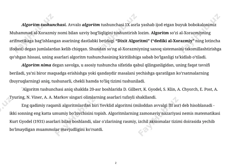 i, asosiy algoritmni aniqlashtiruvchi algoritm – yordamchi algoritm ekanligini ham ta’kidlab o’tish joiz. umuman, algoritmning qanday maqsadga mo’ljallanganligidan qat’i nazar uni muvaffaqiyat bilan bajarish mumkinligini aytib o’tish lozimdir. algoritmning bir nechta ta’rifi mavjud. ulardan ayrimlarini keltirib o’tamiz: – “algoritm - bu belgilaydigan cheklangan qoidalar to'plami, muayyan vazifalar to'plamini hal qilish bo'yicha amallar ketma-ketligi va beshta muhim xossaga ega: aniqlik, tushunarlilik, kiritish, chiqarish, samaradorlik”. (d. e. knut). – “algoritm - bu qat'iy belgilangan qoidalar asosida bajariladigan har qanday hisoblash tizimidir, bu ma'lum bir qator bosqichlardan so'ng, aniq qo'yilgan masalani hal qilishga olib keladi" (a. kolmogorov). – “algoritm - bu har xil boshlang'ich ma'lumotlardan kerakli natijaga o'tadigan hisoblash jarayonini belgilaydigan aniq ketma-ketlik" (a. markov). 1950-yillarda algoritm nazariyasiga o'z hissalarini kolmogorov va markov asarlari qo'shgan. 1960-1970 yillarda algoritm nazariyasida tadqiqot yo'nalishlari shakllandi: 1) algoritmlarning klassik nazariyasi (rasmiy tillar nuqtai nazaridan masalalarni shakllantirish, yechuvchanlik muammosi tushunchasi, murakkablik sinflarini kiritish, p = np (?) masalasini …