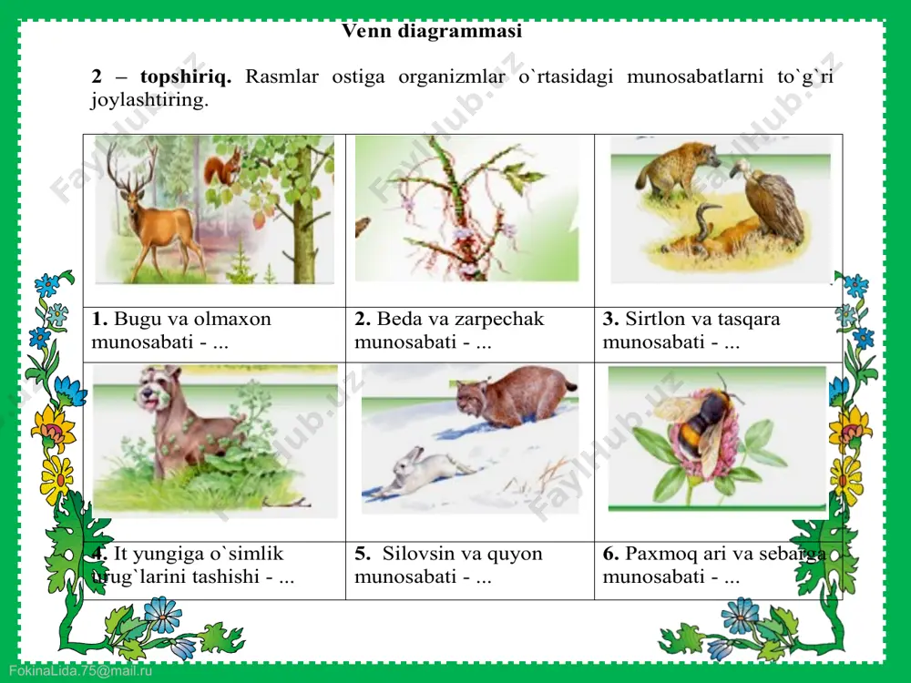 kinalida.75@mail.ru fokinalida.75@mail.ru mavzuni musrahkamlash 1. yo‘qolib ketish xavfi ostida, faqat maxsus choralar ko‘rilgandagina asrab qolish mumkin bo‘lgan turlar. 2. soni hali ancha ko‘p, lekin yildan yilga juda tez kamayib borayotgan turlar. 3. yaqin yillarda yo‘qolib ketish xavfi tug‘ilishi mumkin bo‘lgan turlar. 4. noyob turlar, ularning ayni vaqtda yo‘qolib ketish xavfi yo‘q. 5. bu turlarning soni uncha ko‘p emas yoki ular juda kam hududlarda tarqalgan. 6. ular muhitning tabiiy yoki antropogen ta’sirlari natijasida o’zgarishi, yo‘qolib ketishi mumkin. 7. biologiyasi ham yetarli o‘rganilmagan turlar. 8. bu turlarning soni va holati bezovtalantirmaydi, lekin ular to‘g‘risida ma’lumotlar yetarli bo‘lmagani uchun “qizil kitob”ga kiritiladi. 9. maxsus choralar ko‘rilishi natijasida qayta tiklangan, endi xavfsiramasa bo‘ladigan turlar. 10. bu turlarni ovlash mumkin emas va ularning populyatsiyalarini doimo nazorat qilib borishi zarur tmxining ko‘rsatmasiga binoan “qizil kitob”ga kiritiladigan turlarning kategoriyalari i – kategoriya 1 ii – kategoriya 2,3 iii – kategoriya 4,5,6 iy – kategoriya 7,8 y – …