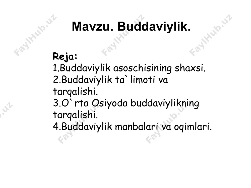 yinchilik va azobdan qutqarish yo`llarini izlash uchun saroyni tashlab ketadi. u beshta rohib bilan qishloqma-qishloq kezib yuradi. shu asnoda siddxartxa bir narsaga amin bo`ldi: bu yo`l uni o`z oldiga qo`ygan maqsad, ya`ni insoniyatni azob-uqubatdan qutqarish sari olib bormaydi va u rohiblar jamoasidan ajraladi. birmuncha vaqt changalzor o`rmonlarda kezib, xorib charchagach, bir daraxtning tagida dam olish uchun o`tiradi, va o`zicha, to haqiqatni topmaguncha shu erdan turmaslikka qaror qiladi. bu o`tirishning 49 kuni uning qalbidan «sen haqiqatni topding» degan sado keladi shu ondan u budda – nurlangan deb ataldi. u tagida o`tirgan daraxt esa – nurlangan daraxt (botxa) deb atala boshladi. budda o`zining birinchi da`vatini varanasi yaqinidagi rishipatana bog’ida, o`zining besh rohib do`stlariga qildi va ular buddaning birinchi shogirdlari bo`ldilar. budda hayot vaqtida budda 40 yil mobaynida hindistonning turli joylarida bo`ladi, odamlarga o`z g’oyalarini etkazadi, singdiradi va 80 yoshida kushtnagara degan joyda dunyodan o`tadi. uning jasadi, hind udumiga ko`ra, kuydirilib, xoki 8 …