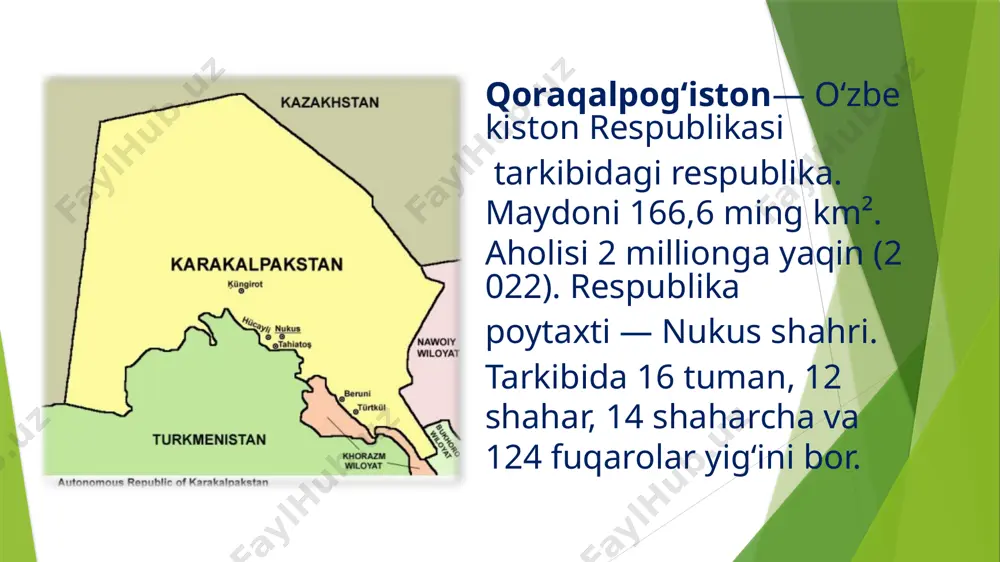 g'ilish (ming kishi hisobida) 1991-yildagi 36,4 dan 1996-yilda 25,0 kishiga qisqardi. tug'ilishning kamayishi o'z o'rnida respublika aholisining o'sish darajasiga ta'sir etdi. jumladan, o'zbekistonning viloyatlar ichida aholi o'sishi eng past bo'lgan toshkent viloyati (23,4) pasa-yib ketdi (18,6). demografik o'zgarishning asosiy sabablaridan biri tug'ilishning kamayishiga, aholining ijtimoiy-iqtisodiy va ekologik yashash sharoitlariga bog'liqdir. 1991-1996-yillarda respublikadan (kelganlarni chiqarib tashlaganda) 26,7 ming kishi ko'chib ketgan. 1997-yil 1-yanvar holati bo'yicha respublika aholisi 143 ming 764 kishini, shundan shahar aholisi 694,1 ming kishini, qishloq aholisi 74 ming 363 kishini tashkil etdi. 1996-yilda aholining o'rtacha yillik o'sishi 1,36 foizga teng bo'ldi. ishsizlar soni har yili o'zgarib turibdi, 1996-yil oxirida ular 4,2 ming kishiga yetdi. 1996-yilda 16 ming ishchi o'rinlari yaratildi, jumladan, qishloq joylarida 8,5 mingta. bu esa shahar va tuman mehnat birjalariga murojaat qilgan fuqarolarni ish bilan ta'minlash imkonini berdi. 1996-yilda aholi jon boshiga pul daromadlari 9628,8 so'mni, xarajatlar esa 6300 so'mni tashkil etdi yoki 1995-yilga nisbatan 2,2 …