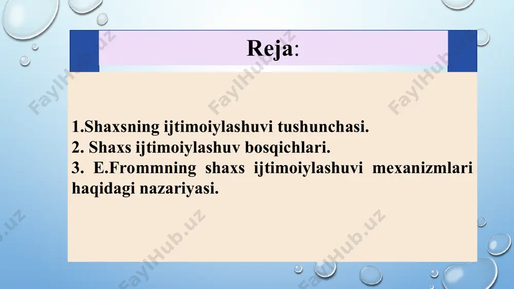 osh va shaxsiy xususiyatlarini hisobga olish, boladagi oʻzgarishlarni kuzatib borish, undagi mustaqillikka intilish va tashabbuskorlik sifatlarini qoʻllab-quvvatlash va h.k. bolaning me’yorida rivojlanishining eng muhim shartlaridan biri bu muomala. muomala va faoliyatning yetakchi turlariga nisbatan quyidagi yosh davrlari qo’llaniladi:: -go’daklik davri-bevosita hissiy-ruhiy; -go’daklikdan keyingi davr-predmetli faoliyat; -maktabgacha davr-rolli o’yinlar; -ilk maktab davri-o’quv faoliyati; - o’smirlik davri-kasb ta’limi faoliyati; -o’spirinlik davri-shaxsiy muloqot faoliyati. shaxs ijtimoiylashuvi bosqichlari rus sotsiologi n.andreyenkova ijtimoiylashuv jarayonini ikki katta bosqichda tasavvur qiladi oila qanchalik tartibli, uning aʼzolari oʻrtasidagi munosabat samimiy boʻlsa, oila tarbiyasi ham shunchalik muvaffaqiyatli boʻladi. oila tarbiyasida ota-ona obroʻsi, ularning kuzatuvchanligi, sezgirligi, hozirjavobligi muhim tarbiyaviy ahamiyatga ega. oila tarbiyasida tarbiya jarayoni zerikarli, quruq nasihatgoʻylikdan iborat boʻlib qolmasligi lozim. . bola hayotining koʻp qismi oilada oʻtadi. shu boisdan mavjud anʼanalar, urf-odatlar, rasm-rusumlar va marosimlarning ijobiy taʼsirida bola asta-sekin ka-mol topib boradi. anʼana va marosim oila tarbiyasining qudratli qurolidir. oila tarbiyasi ijtimoiy tarbiya bilan uzviy aloqada boʻlsagina, kutilgan …