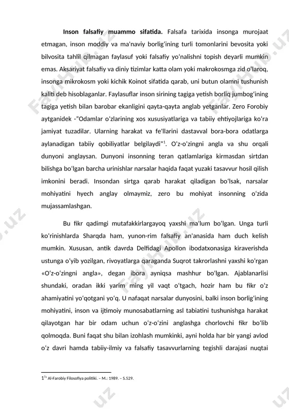 biatini tushunishga harakat qilayotgan har bir odam uchun o‘z-o‘zini anglashga chorlovchi fikr bo‘lib qolmoqda. buni faqat shu bilan izohlash mumkinki, ayni holda har bir yangi avlod o‘z davri hamda tabiiy-ilmiy va falsafiy tasavvurlarning tegishli darajasi nuqtai nazaridan yechishga harakat qiladigan o‘ta murakkab, «boqiy» falsafiy masalalardan biri to‘g‘risida so‘z yuritiladi. tarixga boshqa ko‘p sonli iboralar ham ma'lum bo‘lib, ular vaqt, madaniyat va diniy e'tiqoddan qat'iy nazar, inson barcha zamonlarda butun dunyo mutafakkirlarining diqqat markazida bo‘lgani va hozir ham shunday ekanligi, tayanch nuqtasi va hatto bilish mezoni bo‘lib xizmat qilishidan dalolat beradi. xususan, qadimgi xitoy faylasufi lao szi fikriga ko‘ra, «boshqalarni biluvchi – oqil, o‘zini biluvchi – donishmanddir». protagorning: «inson barcha narsalar mezonidir», degan fikri ham juda mashhur. «tangri saltanati bizning ichimizdadir», deb o‘rgatgan iso masih. buddaviylarning: «o‘zligingga nazar tashla, sen buddasan», degan chorlovi ham yuqoridagi fikr bilan hamohangdir. islomda «kimki o‘zini bilsa, u allohni ham bilgaydir», deyiladi. demak, inson o‘zini dunyodan …