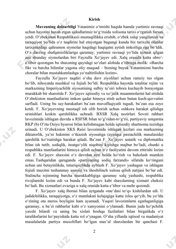 ’ni hukmini о‘tkazish siyosatiga (ayniqsa paxtachilik masalasida) qarshilik kо‘rsatishga harakat qiladi. ba’zan f. xо‘jayev ustatik va diplomatika bilan ish tutib, sodiqlik, itoatgо‘ylik niqobini kiyishga majbur bо‘ladi, chunki u respublika manfaatlarini himoya qilish uchun о‘z faoliyatini davom ettirishi lozim edi. f. xо‘jayev shaxsini о‘z davrdan ayri holda kо‘rish va baholash mumkin emas. tashqaridan qaraganda «partiyaning sodiq farzandi» sifatida kо‘ringani uchun uni betayinlikda, tuturiqsizlikda ayblash f. xо‘jayev yashagan va ishlagan fojiali muxitni tushunmay asossiz va shoshilinch xulosa qilish natijasi bо‘lur edi. stalincha rejimning barcha murakkabligiga qaramay xalq yashashi, respublika rivojlanishi lozim edi va bunda f. xо‘jayev kabi shaxslarning xizmati cheksiz bо‘ladi. bu xizmatlari evaziga u xalq orasida katta e’tibor va mehr qozondi. f. xо‘jayev xalq iborasi bilan aytganda «me’dasi tо‘q» kishilardan edi. u jadidchilikka, taraqqiyotga, о‘z mamlakati kelajagiga katta ixlos qо‘yib, bu yо‘lda о‘zining ota meros boyligini ham ayamadi. yuqori lavozimlarni egatlaganligiga qaramay, u ba’zi rahbarlar kabi о‘z xamyonini о‘ylamadi. bunin juda …