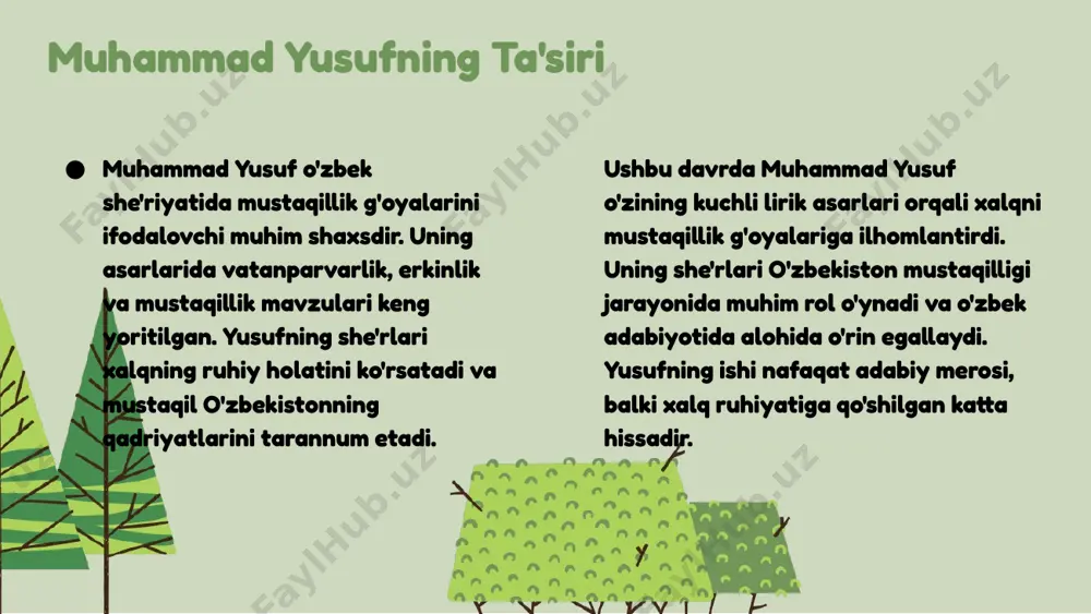 arini, urf-odatlarini va hayot tarzini she'rlarda ifoda etadi. photo by unsplash+ community on unsplash 1 2 3 xulosa - muhammad yusufning mustaqillik g‘oyalari o‘zbek milli identifikatsiyasini va erkinligini ifodalaydi. - uning asarlari mustaqillik mavzulari bilan yangi avlodlarni o‘zbek adabiyotida ilhomlantiradi. - uning ijodida milliy qadriyatlarni saqlash madaniy taraqqiyotga hissa qo'shadi. - muhammad yusufning mustaqillik mavzulari zamonaviy o‘zbek she’riyati bilan bog‘lanish kuchayadi. foydalanilgan adabiyotlar 1. muhammad yusuf. istiqlol va adabiyot. o'zbekiston respublikasi fanlar akademiyasi, 2021 2. anvarjonov, s. muhammad yusuf ijodida istiqlol g'oyalari. o'zbek adabiyoti tadqiqotlari, 2020 3. akramov, t. muhammad yusuf va zamonaviy o'zbek she'riyati. o'zbek she'riyatida milliylik, 2022 4. sultonov, f. ijod va milliylik: muhammad yusuf misolida. o'zbekiston adabiyoti va san'ati, 2023 5. barotov, r. muhammad yusuf asarlarida milliy qadriyatlar va istiqlol g'oyalari. o'zbek madaniyati va an'analari, 2022 e'tiboringiz uchun rahmat! designed by slides carnival image1.png image2.png image3.png image4.png image5.png image6.png image7.png image16.jpg image8.png image9.png image10.png image11.png image12.png image13.png …