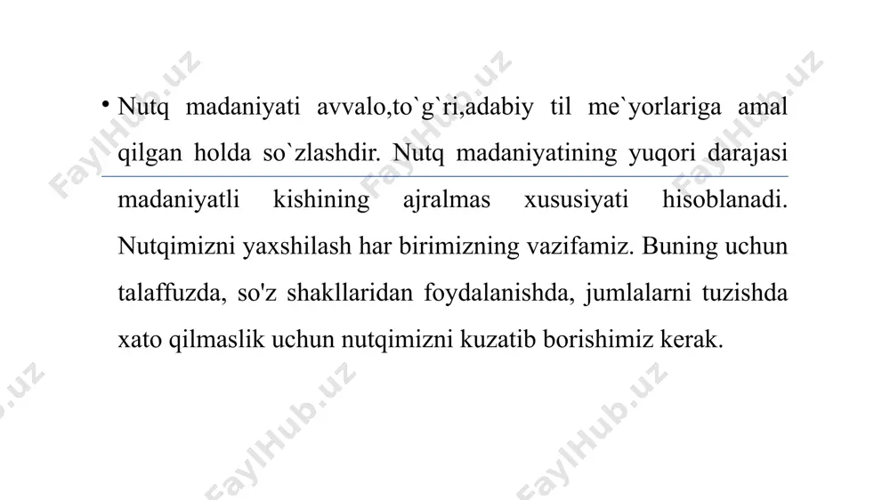 ikki kun. agar bir soat bo'lsa, demak men hozir tayyorman. woodrow t. wilson ko'pgina tadqiqotlarga ko'ra, insonning birinchi raqamli qo'rquvi jamoat oldida so'zlashdan qo'rqishdir. o'lim ikkinchi raqam. ajabo, shunday emasmi? bu shuni anglatadiki, dafn marosimida bo'lgan odamga maqtov aytishdan ko'ra tobutga tushish osonroq. jerri seynfild nutqda uchta narsa muhim - kim aytadi, qanday aytadi va nima deydi, uchtasining oxirgisi unchalik ahamiyatga ega emas. jon morley dars rejasi notiqlik ta`limoti va uning ahamiyati, vazifalari 01 notiqlik san’ati va liderlikning rivojlanish tarixi 02 notiqlik va suhbatlar o‘rtasidagi farqlar 03 notiqlikda ishonchni rivojlantirish 04 shuni yaxshi bilish kerakki, yaxshi notiq bu lider hisoblanadi. notiqlik san’ati o‘zini ko'pgina sohalarda ko'rsata oladi. bu savdo-sotiq bo‘lsin, ishlab chiqarish bo`lsin va hatto ilmiy faoliyatda ham ko‘zga tashlanadi. blits so`rov notiqlik san`ati deganda nimani tushunasiz? notiq kim? notiq oldiga qo`yilgan vazifalar reja tuza olish malakasi auditoriya oldida o‘zini boshqara olish malakasi vaqtni his eta olish malakasi 0‘z davrining …