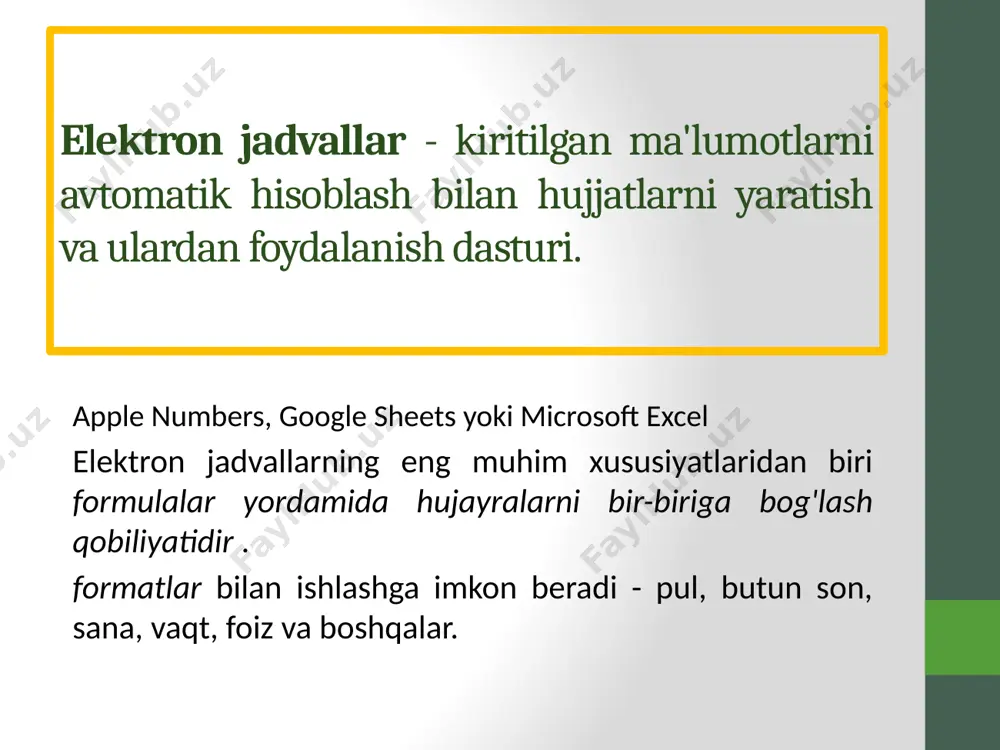 i kiritadi funktsiyani kiritadi manzil pul formati foiz formati ajratish formati sonlar chiqarishni oshirish va kamaytirish matnni aylantirish ma'lumotlar formatlari dastur avtomatik ravishda hujayraga nima kiritilganligini aniqlaydi. hammasi bo'lib excel 13 formatdan foydalanadi, ammo uchta asosiy axborot beriladi: raqam - agar banknotlardan tashqari harflar bo'lmagan raqamli ma'lumotlar kiritilsa, raqamning salbiy belgisi, foiz va daraja. formula - chiziqli belgi ko'rinishidagi ko'rsatma bo'lib, unda raqamlardan tashqari, hatto boshqa varaqlardan ham hujayra manzillari, shuningdek, funktsiya sifatida ishlaydigan maxsus buyruq so'zlari ishlatilishi mumkin bo'lgan yagona narsa, bu buni tubdan belgilaydi. satr boshida formula teng belgisi bo'lib, yakuniy format raqam yoki matn bo'lishi mumkin. matn - bu birinchi ikkita ta'rifga kiritilmagan va harflar va raqamlar to'plamidir. raqam formatlari: raqamli - 16 ta raqam ichida har qanday raqamlar, qolganlari yaxlitlanadi. pullik - pul summalari va ularni taqdim etish bilan hisob-kitoblar uchun xizmat qiladi, valyutani tanlashda uning qisqartirilgan nomi avtomatik ravishda raqamlardan keyin paydo bo'ladi va klaviaturada …