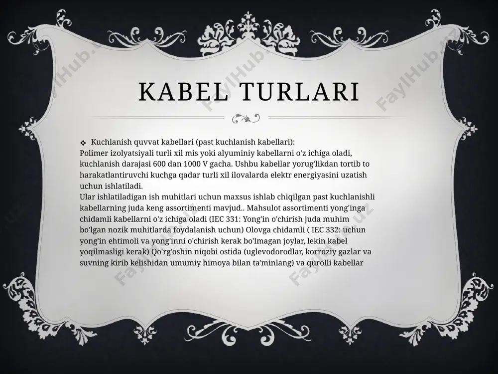 siyasi sxemalari va favqulodda yoritish tizimlari, shoshilinch ravishda kislota gazlarini chiqarib, inson salomatligi va kabellarga xavf tug'dirmasligi kerak. ushbu kabellar yong'inga qarshi va kam tutun bo'lishi kerak. boshqacha qilib aytadigan bo'lsak, bu kabellar yong'in manbai yo'qolganda yonishda davom etmasligi yoki olovni boshqa joylarga o'tkazmasligi yoki favqulodda chiroqlar yoki chiqishlarni ko'rishga to'sqinlik qiladigan tutun hosil qilmasligi kerak. kabellarning qo`llanilish sohalari elektr sanoatida bugungi kunda elektr energiyasini taqsimlashning katta qismi, ayniqsa past bosimda, kabellar orqali amalga oshiriladi.. albatta, ba'zi hollarda o'rta va kuchli kuchlanishli elektr energiyasini uzatish uchun maxsus kabellar qo'llaniladi. elektr inshootlarida kabellardan foydalanish juda keng va katta ahamiyatga ega. kabel zavodlari davlat va xususiy foydalanish uchun ko'plab turdagi kabellarni ishlab chiqaradi. sanoatning turli sohalarida turli malakaga ega yuz minglab mutaxassislar mehnat qilmoqda. albatta, ishlab chiqarish sektori va kuchli bosimga qo'shimcha ravishda, bu muddat va texnik tamoyillarga rioya qilish kerak. kabel yo'llari quyi tizimlar ichki avtomobil yo'llari o'zaro aloqa va apparat …