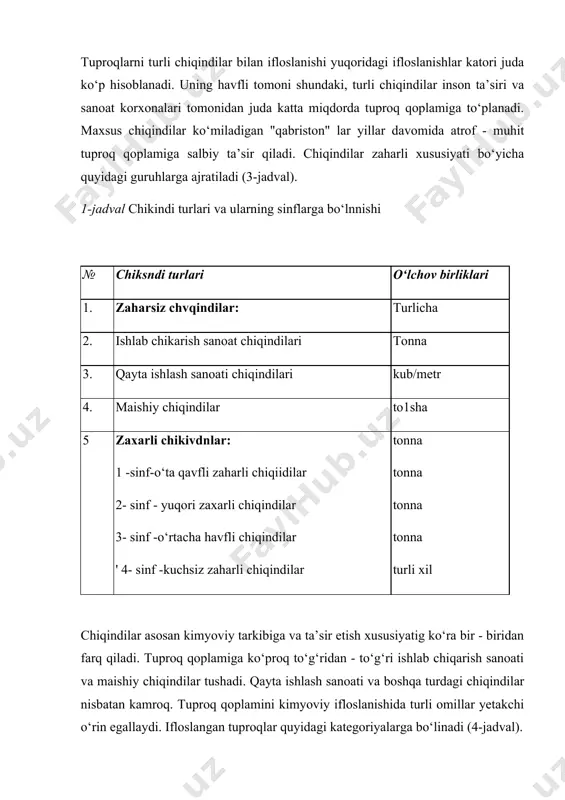 m o‘simliklarni ekish mumkin. suv va havo orqali tarqaluvchi yo‘llarni nazorat qilish va chegaralarshsh, qishloq xo‘jaligida foydalaniladigan yerlardagi suv manbalarini nazoratga olish iii kategoriya yuqori havfli tuproq tarkibida kimyoviy moddalar miqdori kqm dan ortik va translakatsion ko‘rsatkichlarga zararli xisoblanadi. faqat texnika ekinlari ekishda foydalanish mumkin. qishloq xo‘jalik ekinlari ekish taqiqlanadi. 1. qatiy ravishda i kategoriya tadbirlarini qo‘llash va zaxarli moddalar miqdorini o‘simliklar, mahsulotlar tarkibini nazorat qilish. 2. hosil beruvchi o‘simliklarni toza tuproq sharoitiga ko‘chirish va nazorat qilish.z. o‘simliklar yashil massalaridan foydalanishni cheklash. iv kategoriya o‘ta havfli tuproq tarkibida kimyoviy moddalar kqmdanortadi va tuproqning barcha ko‘rsatkichlari uchun zararli hisoblanadi. barcha turdagi ekinlar ekish taqiqlanadi. ifloslangan tuproq qoplamini ifloslanish darajasini kamaytiruvchi tadbirlar qo‘llash. qishloq xo‘jaligida foydalanuvchi suv tarkibini nazoratga olish va tabiiy himoya omillarini shakllantirish tuproqni kimyoviy ifloslanish darajalarini tasniflashda barcha kimyoviy ifloslanish turlarida bir xil belgilanmaydi, balki muayyan ifloslovchi moddaning kimyoviy tarkibi, tuproqdagi miqdori, qqm, zaharli xususiyati va boshqa xususiyatlariga ko‘ra …