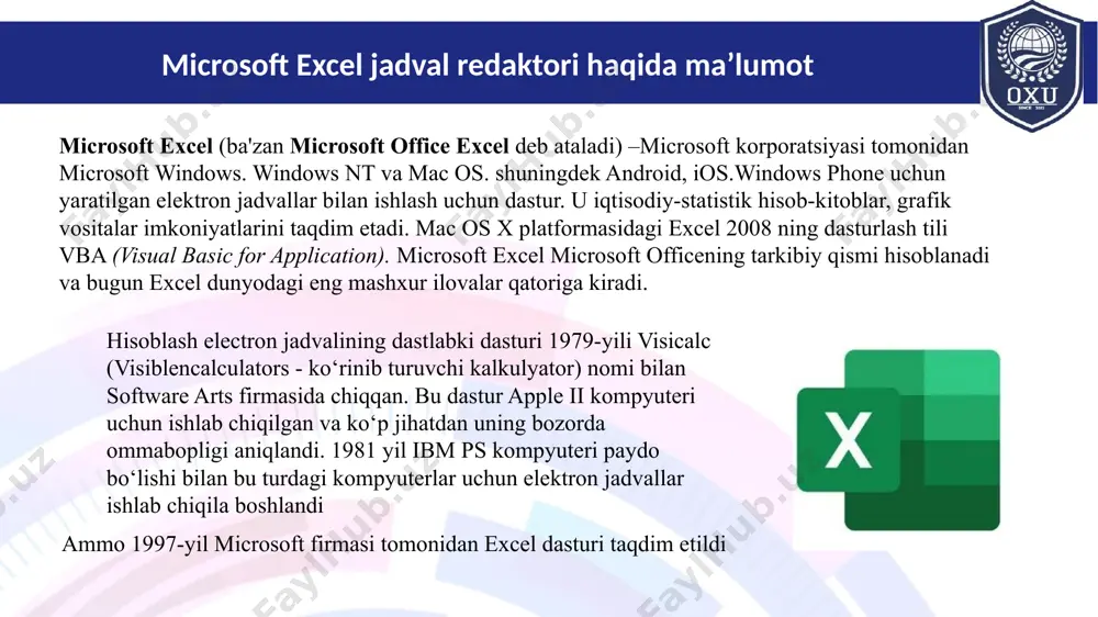 a bo’lib, tez-tez uchraydigan hisoblashlar ketma-ketligini bajarish imkoniyatini beradi misollar: a1:a4 yacheykalardagi ma’lumotlarni jamlovchi avtosumma funksiyasi =сумм(a1:a4) kabi yoziladi elektron jadval elementlari listdan listga murojaat listdan listga murojaat qilganda list nomi ! (undov) va katakcha manzili beriladi. masalan: лист1 da a1: a9 diapazonda bir necha sonlar berilgan, лист2 da ham a1: a9 diapazonda bir necha sonlar berilgan shu sonlar yig’indisini лист2 dagi b1:b9 ustuniga hosil qiling = лист1!a1+a1 elektron jadval elementlari nisbiy murojaatda formula nusxasidagi katakchalar adreslari nusxa joylashtirilayotgan katakchaga mos o‘zgaradi. masalan, a2 katakchadagi “=a1 + b4” yig‘indining a3 katakchaga nusxasi “=a2 + b5”, a7 katakchaga nusxasi “=a6 + b9”, f17 katakchaga nusxasi “=d16 + e19” kabi o‘zgarib joylashadi. absolyut murojaatda katakcha adresi o‘zgarmaydi. elektron jadvallarda absolyut adres xususiyatini ifodalash uchun maxsus belgidan (excelda–$) foydalaniladi. masalan, a2 katakchadagi “=a1 + $b$4” yig‘indining f17 katakchaga nusxasi “=d16 + $b$4”, c7 katakchadagi “=b3 – c$6” ayirmaning f9 katakchaga nusxasi “=e5 – …