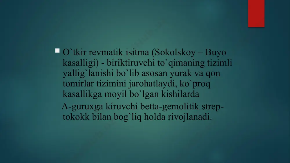enografiyasida kardiomegaliya, o’pkada qon dimlanishi belgilari. davolash. 3-etapli 1-etap – stasionar bulimida. 2-etap – poliklinika kardiorevmatolog nazoratida. 3-etap – sanator kurort davolanish. parxez davolanish 10 stol. medikamentoz davolash antibakterial terapiya (penisillin) nosteroidli yallig`lanishga ?arshi vositalar (aspirin, ortofen, voltaren, indometasin, ibuprofen) glyukokortikoidlar 4-aminoxinolin guruxi (delagil, plakvenil) metabolik davo (riboksin, atf, kokarboksilaza, vitaminlar) simptomatik davo (yurak glikozidlari, peshob xaydovchi dorilar) illatlarda – xirurgik davo. profilaktika birlamchi – nasliy moyillik bulganlarda o`choq infeksiyalarni sanasiya qilish va tanani chiniqtirish. ikkilamchi – bisillin –3, bisillin 5, ekstensillin 2,4 mln. birlik 3 haftada 1marta m/o e’tiboringiz uchun rahmat ! image7.png image8.png image9.jpeg image10.png image11.png image12.png image13.jpeg image14.png image15.png image16.png image17.png image18.png image19.png image20.png image2.png image3.png image4.png image5.png /docprops/thumbnail.jpeg