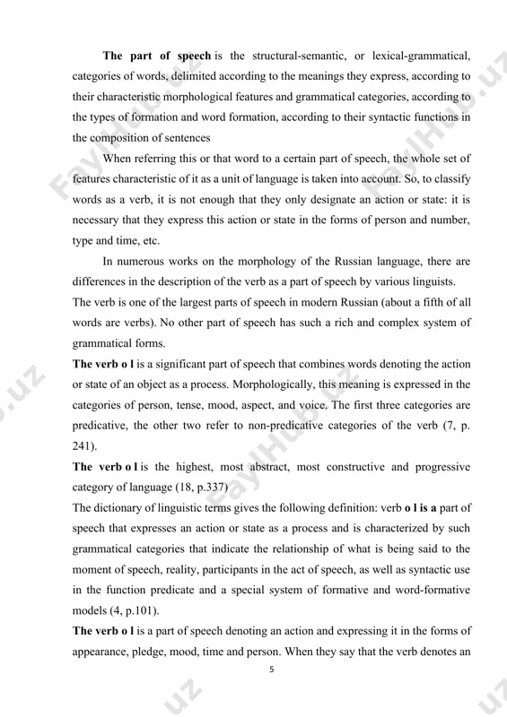 o used as other members of the sentence (18, p. 144). n.s. valgina gives the following definition: the verb o l is a category of words that designate the action or state of an object as a process. the word "process" in this use has a broad meaning, this word means labor activity, movement, activity of the sense organs, thinking, physical and mental state, change in state (build, walk , think , sleep , etc. ) (63, p.228). m.f. lukin calls the verb o l o m a part of speech that expresses an action as a process and is characterized by the categories of time, type, mood, voice, person, as well as syntactic use in the function of the predicate and a special system of form and word-formation models. some verbal forms are also characterized by the categories of gender, number, case, or by the invariability of their forms. …