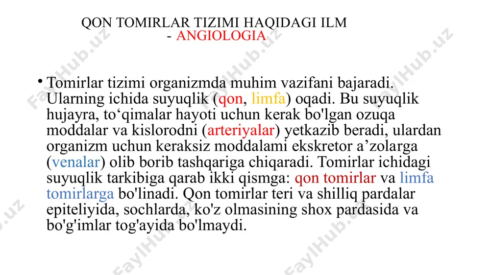 ya va venalar o'rtasidagi mikrotsirkulator qism: arteriola, prekapillar, kapillar, postkapillar va venulalardan iborat. odam tanasida ikkita (katta va kichik) qon aylanish doirasi tafovut qilinadi. kichik (o'pka) qon aylanish doirasi o'pkada qonni kislorod bilan boyitish uchun xizmat qiladi. u o'ng qorinchadan o'pka poyasi bo'lib boshlanib, o'pkaga yetib kelib o‘ng va chap o'pka arteriyasiga bo'linadi va alveolalami o'rab karbonat angidridni alveolaga berib, kislorodni qabul qiladi. kislorodga to'yingan qon 4 ta o'pka venalari orqali chap bo'lmachaga quyiladi. katta qon aylanish doirasi chap qorinchadan aorta bo'lib boshlanadi. aortadan chiqqan arteriyalar a’zolar va to'qimalaiga tarqaladi. to'qima va a’zolardan chiqqan venalar o'zaro qo'shilib ikkita yirik: yuqori va pastki kovak venalami hosil qilib o'ng bo'lmachaga quyiladi. bundan tashqari, uchinchi (yurak) qon aylanish doirasi yurakning o'zini qon bilan ta’minlaydi. u aortadan chiqadigan yurakning toj arteriyalari bo'lib boshlanib, yurak venalari bo'lib tugaydi. yurak venalari vena sinusini hosil qilib o'ng bo'lmachaga ochiladi. yurak (cor) mushakdan tuzilgan qon aylanish tizimining markaziy …