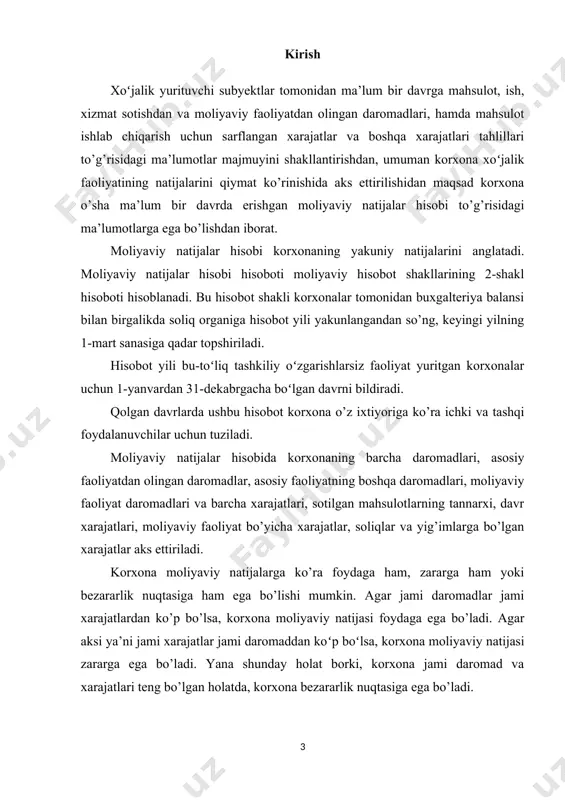 k, iqtisodiy muvaffaqiyatini yoki muammolarini ko'rsatadi. moliyaviy natijalar quyidagilardan iborat bo'lishi mumkin: 1. daromad: korxona yoki tashkilot tomonidan olingan mablag'lar. bu mahsulotlar yoki xizmatlar sotilishi, investitsiyalar yoki boshqa manbalardan olinadigan pullar hisoblanadi. 2. xarajatlar: korxonaning faoliyatini davom ettirish uchun sarflanadigan mablag'lar. bu ishchi kuchi, materiallar, ijara haqqi, qarzlarni to'lash va boshqa zarur xarajatlar kiradi. 3. foyda: daromad va xarajatlar o'rtasidagi farq. agar daromadlar xarajatlardan yuqori bo'lsa, foyda olinadi. agar xarajatlar daromadlardan ko'proq bo'lsa, zarar yuzaga keladi. 4. zarar: korxona yoki tashkilotning xarajatlari daromadlaridan oshib ketganda yuzaga keladigan salbiy moliyaviy natija. moliyaviy natijalar tahlili korxonaning faoliyatini baholash uchun juda muhimdir. bu tahlil orqali tashkilot o'zining moliyaviy holatini, barqarorligini va o'sish imkoniyatlarini aniqlashi mumkin. moliyaviy natijalar ko'plab sohalarda, jumladan, investorlar, kreditorlar va boshqaruvchilar uchun qarorlar qabul qilishda asosiy ma'lumot manbaidir. moliyaviy natijalar mohiyati — bu korxona yoki tashkilotning moliyaviy faoliyati natijasida olingan ko'rsatkichlar va xulosalar bo'lib, ular tashkilotning iqtisodiy holatini, samaradorligini va …