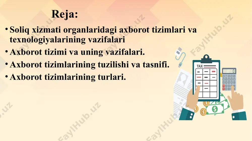 zifalari quyidagilardan iborat: soliq to‘lovchilarning yagona ma’lumotlar bazasini yaratish; soliq to‘lovchilar tarkibini tahlil qilish; tushgan soliq to‘lovlarining o‘z vaqtidaligi va to‘liqligini tahlil qilish; tushgan soliq to‘lovlari bo‘yicha hisobot hujjatlarini shakllantirish ; soliq tushumlari va boshqa to‘lovlarni bashoratlash; me’yoriy-ma’lumotnoma axboroti ma’lumotlari bazasini yuritish; davlat soliq xizmati organlari axborot texnologiyalarining oldiga qo‘yilgan vazifalarni bajarish uchun quyidagi masalalar hal etilgan: barcha hujjatlar mazmuni va shakli standartlashtirilgan va unifikatsiyalashtirilgan; axborotlar klassifikatsiyalashtirilgan va kodlashtirilgan; bo‘g`inlar va tizimning bosqichlari o‘rtasida axborotni uzatish tizimi joriy etilgan; avtomatlashtirilgan tizim, hamda u bilan bog`liq bo‘lgan axborotlashgan tizim o‘rtasida axborotlar almashish yo‘lga qo‘yilgan; axborot tizimi va uning vazifalari. tegishli tashkilotlar (obyektlar)da faoliyat ko‘rsatuvchi va turlicha tuziluvchi axborotlar majmui uning axborot tizimini tashkil etadi. axborot tizimlarining asosiy vazifasi — barcha resurslarni samarali boshqarish uchun tashkilotlarga kerakli bo‘lgan axborotlarni ishlab chiqish, tashkilotni boshqarish uchun axborot va texnikaviy muhitni yaratishdan iborat. boshqaruv tizimini ko‘rib chiqish davomida boshqaruvning quyidagi uchta darajasini ajratib ko‘rsatish mumkin: …