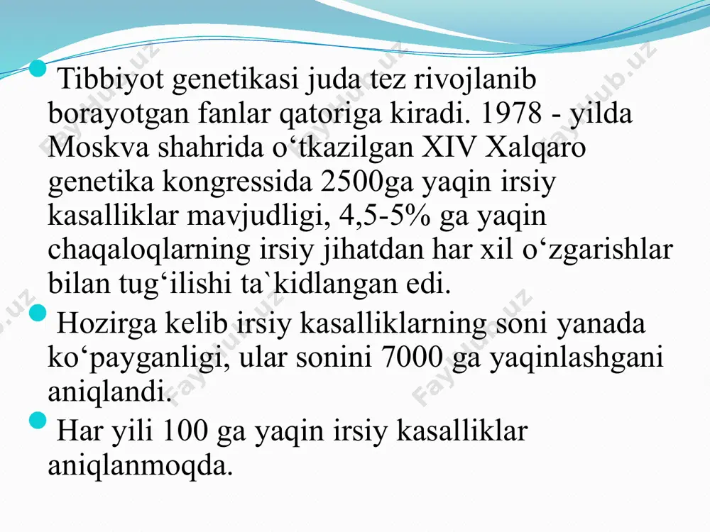 tan roli aniqlanadi. ammo belgilarning konkordantligi (o‘xshashligi) va diskordantligini (o‘xshamasligi) tahlil qilishdan avval egizaklarning qanday zigotaligini (monozigotali yoki dizigotaligini) aniqlab olish zarur. egizaklarda irsiy kasalliklar konkordantligi sitogenetik usul bu usul xx asrning 50-yillaridan boshlab qo‘llanilayotgan bo‘lib, bu usul xromosomalarni mikroskopda tekshirishga asoslangandir. shu yillarda leykotsitlarni sun`iy o‘stirish usuli ishlab chiqib, ularda xromosomalarning metafaza holatini olish va xromosomalarni mikroskopda tekshirish usullari yo‘lga qo‘yildi. sitogenetik usulni qo‘llashning birinchi muvaffaqiyatli natijasi 1959 yilda lejyen tomonidan daun sindromida xromosomalar sonining anomaliyasini aniqlanishi bo‘ldi. hozirgi vaqtda sitogenetik usuldan xromosomalar tuzilishi va sonining o‘zgarishlariga bog‘liq bo‘lgan kasalliklarni o‘rganishda, xromosomalarni kartalashtirishda, ularning polimorfizmini o‘rganishda va boshqa irsiy muammolarni aniqlashda keng foydalaniladi. immunogenetika usuli immunogenetika — odam genetikasining bir sohasi bo‘lib antigenlar spetsifikligi, irsiylanishi qonuniyatlarini, immunitet reaktsiyalarining amalga oshishida irsiyatning rolini o‘rganadi. bu sohadagi ilmiy ishlari uchun b.benatsarraf, j.dosse, d.snel 1980-yilda nobel mukofotiga sazovor bo‘ldilar. keyingi yillarda irsiy kasalliklarning immunitet tizim bilan bog‘liqligini o‘rganishda katta muvaffaqiyatlarga erishildi. somatik …