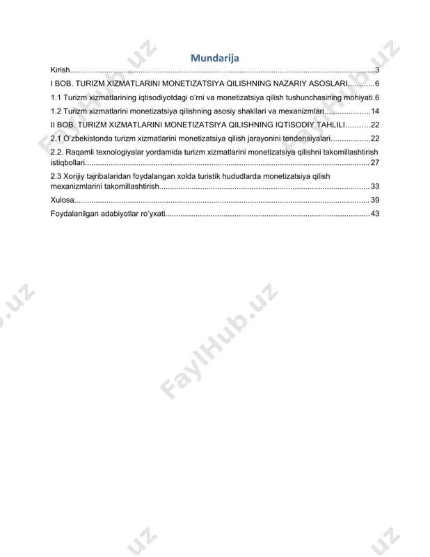 ‘rsatmoqda. turizm xizmatlarining samarali monetizatsiya qilish usullari, masalan, onlayn xizmatlar, raqamli platformalar va innovatsion biznesmodellarni joriy etish orqali nafaqat xizmatlar bozorining kengayishini, balki mamlakatlar va hududlar iqtisodiyotini rivojlantirishni ham ta’minlaydi. shu bois, turizm xizmatlarini monetizatsiya qilish mexanizmlarini chuqur o‘rganish va amaliyotda qo‘llash hozirgi kunda juda dolzarbdir. kurs ishining maqsadi va vazifalari: kurs ishining asosiy maqsadi — turizm xizmatlarini monetizatsiya qilish mexanizmlarini o‘rganish va amaliyotda qo‘llash usullarini tahlil qilish. shu maqsadda, turizm xizmatlarini monetizatsiya qilish jarayonida yuzaga keladigan muammolarni aniqlash va ularni bartaraf etishning samarali usullarini taklif etish ko‘zda tutiladi. kurs ishining asosiy vazifalari quyidagilardan iborat: 1. turizm xizmatlarini monetizatsiya qilish mexanizmlarini nazariy jihatdan tahlil qilish; 2. turizm xizmatlarini monetizatsiya qilish jarayonida qo‘llaniladigan usullarni aniqlash; 3. turizm sohasida monetizatsiya qilishda uchraydigan muammolarni o‘rganish; 4. turizm xizmatlarini monetizatsiya qilishda ilg‘or amaliyotlarni o‘rganish va ularni o‘zlashtirish; 5. turizm xizmatlarini monetizatsiya qilishni takomillashtirish bo‘yicha tavsiyalar ishlab chiqish. kurs ishining ob’yekti va predmeti: kurs ishining …