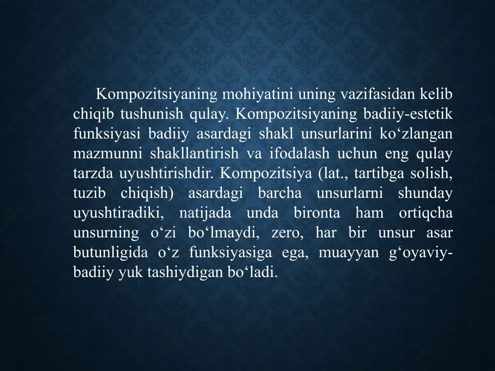 irlashtiriladi. kompozisiyaning mohiyati, funksiyasi va ahamiyati haqida qarashlar mushtarak bo‘lsa-da, uning elementlari – kompozision birliklar masalasida turlicha fikrlar mavjud. jumladan, ayrim mutaxassislar asarning bitta tasvir shakli (rivoya, tavsif, dialog, monolog, ichki monolog, maktub, lirik chekinish kabi) saqlangan qismini, boshqa birlari esa uning bitta nuqtai nazardan tasvirlangan qismini bitta kompozision birlik hisoblaydilar. shuningdek, kompozisiyani asar nutqiy qurilishidan kelib chiqqan holda tavsiflash yoki u haqda syujetni asos qilib olgan holda fikrlash an’anasi ham mavjud. xullas, manbalarda o‘rganilayotgan masala bo‘yicha qarashlarning bir-biridan farqlanishini hamisha yodda tutish, ularni tanqidiy-qiyosiy yondashgan holda o‘zlashtirish maqsadga muvofiqdir. zamonaviy adabiyotshunoslikda epik asar kompozisiyasi (qurilishi)ni tadqiq etishda matn kompozisiyasi, syujet kompozisiyasi, obrazlar sistemasi, personajlar sistemasi, badiiy vaqt va zamon, rivoya kompozisiyasi, nuqtai nazar kompozisiyasi kabi masalalar diqqat markazida turadi. тасвир муаллиф мушоҳадалари эпик асар матни ривоя тавсиф диалог ривоя тавсиф диалог badiiy voqelik xarakter va sharoit detallar voqealar sharofatxon: dugonalari bilan koptok o’yini samandar aka: eshonnikida va qaytishdagi o’ylari …