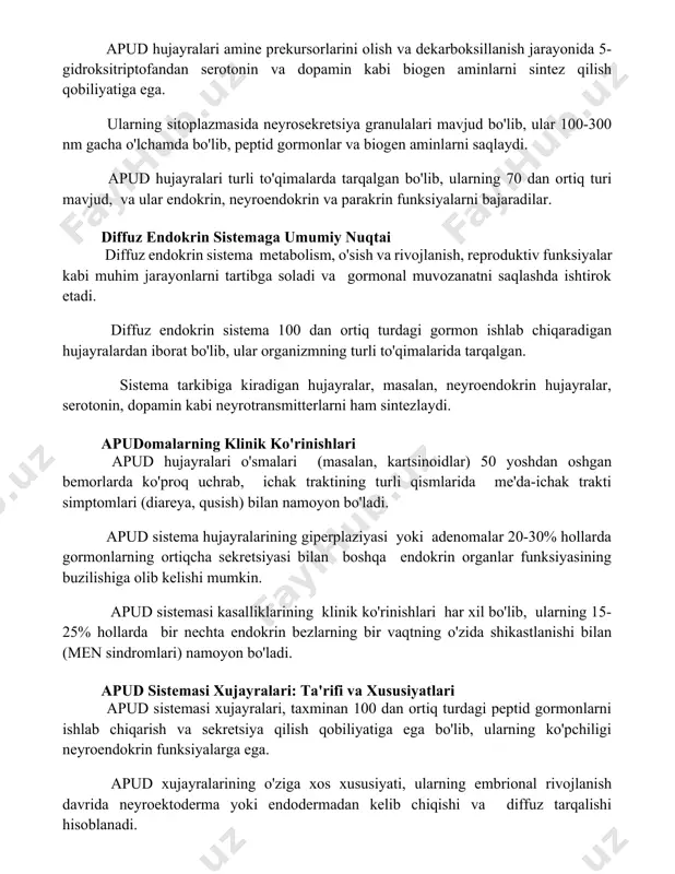 'lchamda bo'lib, peptid gormonlar va biogen aminlarni saqlaydi. apud hujayralari turli to'qimalarda tarqalgan bo'lib, ularning 70 dan ortiq turi mavjud, va ular endokrin, neyroendokrin va parakrin funksiyalarni bajaradilar. diffuz endokrin sistemaga umumiy nuqtai diffuz endokrin sistema metabolism, o'sish va rivojlanish, reproduktiv funksiyalar kabi muhim jarayonlarni tartibga soladi va gormonal muvozanatni saqlashda ishtirok etadi. diffuz endokrin sistema 100 dan ortiq turdagi gormon ishlab chiqaradigan hujayralardan iborat bo'lib, ular organizmning turli to'qimalarida tarqalgan. sistema tarkibiga kiradigan hujayralar, masalan, neyroendokrin hujayralar, serotonin, dopamin kabi neyrotransmitterlarni ham sintezlaydi. apudomalarning klinik ko'rinishlari apud hujayralari o'smalari (masalan, kartsinoidlar) 50 yoshdan oshgan bemorlarda ko'proq uchrab, ichak traktining turli qismlarida me'da-ichak trakti simptomlari (diareya, qusish) bilan namoyon bo'ladi. apud sistema hujayralarining giperplaziyasi yoki adenomalar 20-30% hollarda gormonlarning ortiqcha sekretsiyasi bilan boshqa endokrin organlar funksiyasining buzilishiga olib kelishi mumkin. apud sistemasi kasalliklarining klinik ko'rinishlari har xil bo'lib, ularning 15-25% hollarda bir nechta endokrin bezlarning bir vaqtning o'zida shikastlanishi bilan …