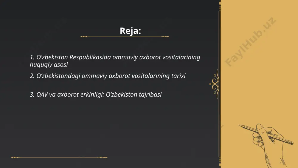 i toʻgʻrisida"gi yangi qonun qabul qildi. mamlakatda 1200 dan ortiq ommaviy axborot vositalari faoliyat yuritmoqda. 2021-yilda oʻzbekiston axborot va ommaviy kommunikatsiyalar agentligi tomonidan 200 dan ortiq jurnalistlarga treninglar tashkil etilgan. oʻzbekiston global indekslarda, 2020-yilda matbuot erkinligi boʻyicha 156-oʻrindan, 2022-yilda 133-oʻringa koʻtarildi. shu bilan birga, blogerlar va mustaqil jurnalistlar hali ham tazyiqqa uchrayotgan hollar mavjud. oav tomonidan davlat sirlarini oshkor qilish holatlari uchun jazo choralarini koʻzda tutuvchi yangi qoidalar mavjud. ... t.me/slaydai_bot oʻzbekistonda jurnalistlarning huquqlari 1997-yilda qabul qilingan "ommaviy axborot vositalari toʻgʻrisida"gi qonun bilan belgilangan. ushbu qonunga koʻra, jurnalistlar axborot olish va tarqatish, shaxsiy fikrni ifodalash huquqlariga ega. ular, shuningdek, davlat idoralaridan axborot talab qilish va rasmiy tadbirlarda ishtirok etish imkoniyatiga ega. jurnalistlarning majburiyatlari orasida axborotning haqqoniyligini taʼminlash, etika qoidalariga rioya qilish kabi vazifalar bor. jurnalistlar ommaviy axborotni notoʻgʻri talqin etmaslik va fuqarolarning shaʼni va qadr-qimmatini hurmat qilishlari lozim. ... t.me/slaydai_bot ommaviy axborot vositalarining davlat tomonidan nazorati ko'pincha senzura va axborot …