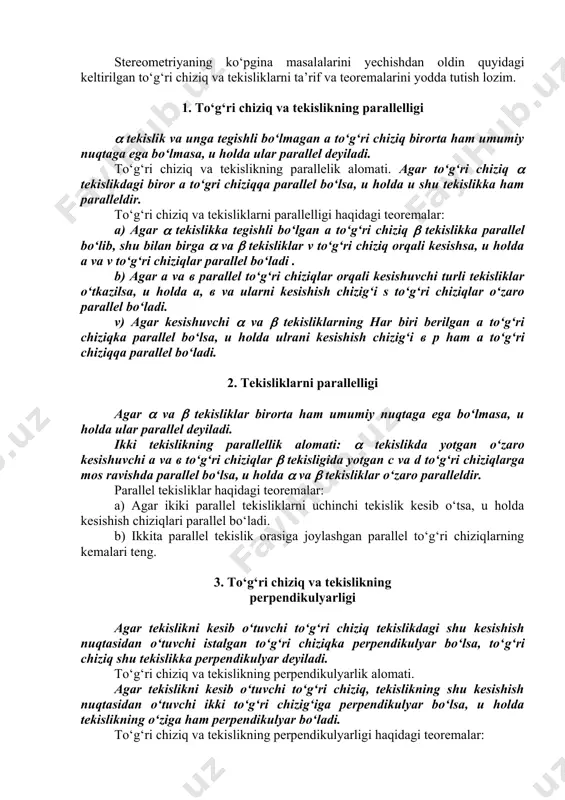 a parallel bo‘lsa, u holda u shu tekislikka ham paralleldir. to‘g‘ri chiziq va tekisliklarni parallelligi haqidagi teoremalar: a) agar ( tekislikka tegishli bo‘lgan a to‘g‘ri chiziq ( tekislikka parallel bo‘lib, shu bilan birga ( va ( tekisliklar v to‘g‘ri chiziq orqali kesishsa, u holda a va v to‘g‘ri chiziqlar parallel bo‘ladi . b) agar a va в parallel to‘g‘ri chiziqlar orqali kesishuvchi turli tekisliklar o‘tkazilsa, u holda a, в va ularni kesishish chizig‘i s to‘g‘ri chiziqlar o‘zaro parallel bo‘ladi. v) agar kesishuvchi ( va ( tekisliklarning har biri berilgan a to‘g‘ri chiziqka parallel bo‘lsa, u holda ulrani kesishish chizig‘i в р ham a to‘g‘ri chiziqqa parallel bo‘ladi. 2. tekisliklarni parallelligi agar ( va ( tekisliklar birorta ham umumiy nuqtaga ega bo‘lmasa, u holda ular parallel deyiladi. ikki tekislikning parallellik alomati: ( tekislikda yotgan o‘zaro kesishuvchi a va в to‘g‘ri chiziqlar ( tekisligida yotgan c va d to‘g‘ri chiziqlarga mos ravishda …