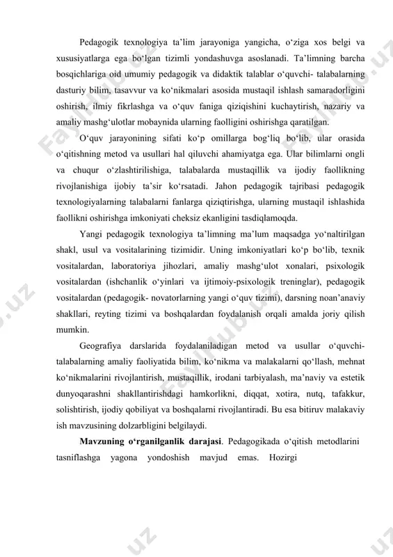 na metodik qo‘llanmalarda asosiy e’tibor ta’lim metodlarini ta’riflashga qaratilgan. maktab, akademik litsey va kasb- hunar kollejlarida geografiya kurslaridagi mavzularni o‘qitishda yangi pedagogik texnologiyalarni qo‘llash bo‘yicha amaliy tavsiyalar yetarli darajada yoritilmagan. shuning uchun mazkur bitiruv-malakaviy ishda amaliy geografiya kursidagi “insoniyatning global muammolari” mavzuini o‘qitishda yangi pedagogik texnologiyalarni qo‘llash masalalarini o‘rganishga harakat qilindi. bmining tadqiqot ob’ekti va predmeti. bmining tadqiqot ob’ekti sifatida akademik litsey va kasb-hunar kollejlarida amaliy geografiya fanidan “insoniyatning global muammolari” mavzuini o‘qitish jarayoni tanlandi. ishning predmeti esa mazkur mavzuni o‘qitishda yangi pedagogik texnologiyalardan foydalanish usullari, vositalari va metodlari, ularni o‘qitishning samaradorligini oshirishdagi ahamiyatini ko‘rsatib berish hamda mavzu bo‘yicha dars ishlanmalari tayyorlash hisoblanadi. bmida pedagogik amaliyot davrida o‘tkazilgan kuzatish, pedagogik eksperiment, taqqoslash kabi metodik tadqiqot usullaridan foydalanildi. bmining maqsadi va vazifalari. ushbu bitiruv-malakaviy ishning maqsadi akademik litsey va kasb-hunar kollejlari talabalariga “insoniyatning global muammolari” mavzusini o‘qitishda zamonaviy pedagogik texnologiyalarni dars jarayonida qo‘llash orqali jahon miqyosida sodir bo‘layotgan ekologik, demografik, oziq-ovqat …