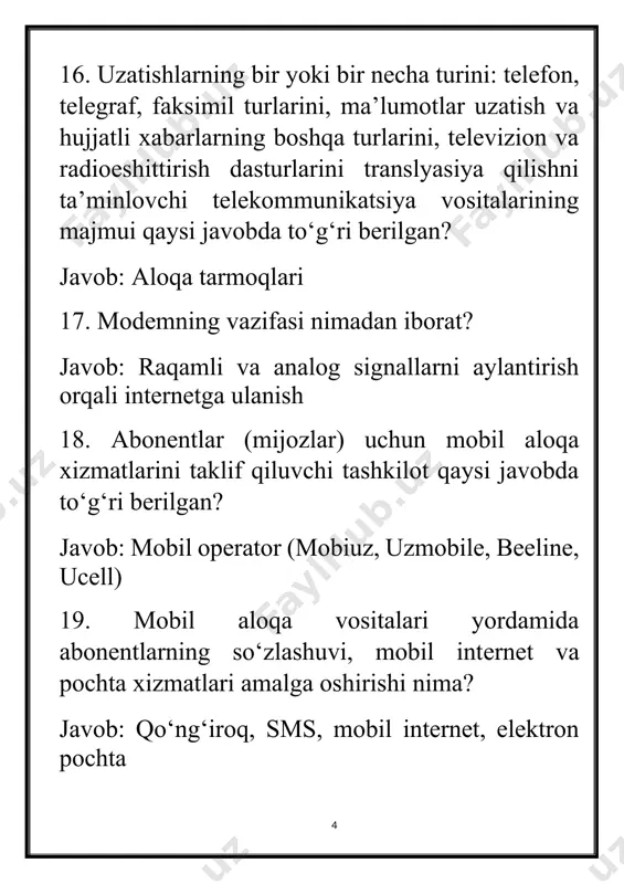 soblanmaydi? javob: o‘zbekiston respublikasi prezidentining farmonlari. quyidagi normativ hujjatlardan qaysi biri qonun hujjati hisoblanmaydi? javob: o‘zbekiston respublikasi prezidentining farmonlari. davlat funksiyalarini faoliyat doirasi bo‘yicha qanday turlarga ajratiladi? javob: ichki va tashqi funksiyalar. davlat funksiyalarini amal qilish davomiyligi bo‘yicha qanday turlarga ajratiladi? javob: doimiy va vaqtinchalik funksiyalar. davlat funksiyalarini ijtimoiy ahamiyatiga ko‘ra, qanday turlarga ajratiladi? javob: siyosiy, iqtisodiy, ijtimoiy, madaniy funksiyalar. o‘zbekiston respublikasida demokratiya qanday prinsiplarga asoslanadi? javob: odam huquqlarini himoya qilish, hokimiyatning xalq tomonidan saylanishi, qonun oldida tenglik. qanday masalalar referendumga qo‘yiladi? javob: yangi qonunlar, konstitutsiyaviy o‘zgartirishlar, davlatning asosiy siyosiy yo‘nalishlari. vijdon erkinligi tushunchasi qanday ma’noni anglatadi? javob: har bir insonning o‘z diniy, ma'naviy e'tiqodini erkin tanlash huquqi. yashash huquqi har bir insonning qanday huquqi hisoblanadi? javob: insonning asosiy va o‘zgarmas huquqi. qanday hollarda mitinglar, yig‘ilishlar kabi tadbirlarni o‘tkazish hokimiyat organlari to‘xtatishi yoki taqiqlashi huquqiga ega? javob: agar bu tadbirlar jamoat tartibini buzsa yoki boshqa insonlarning huquqlarini poymol etsa. fuqarolar …