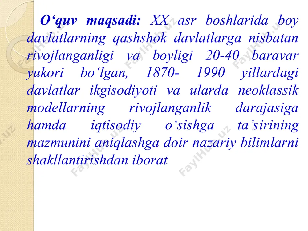 skogo effekta. ishlab chiqarishga kiritilgan investitsiyadan olinadigan samaradorlikning namoyon bo‘lishi uchun ketgan vaqt) «0» ga teng, kapital quyilmalarning chegaraviy unumdorligi doimiy deb olinadi. e.domar investitsiyalarni ham talab ham taklif omili deb qaraydi. ya’ni, investitsiyalar nafaqat multiplikativ ta’sir ko‘rsatib yalpi talabni oshiradi, balki ishlab chiqarish quvvatlarini yuzaga keltirib, ishlab chiqarishni rivojlantiradi, tovarlar taklifini oshiradi – degan fikrni olg‘a suradi. shunday ekan, yalpi talabning o‘sishi yalpi taklifning o‘sishiga teng bo‘lishi uchun investitsiyalar qanday o‘sishi kerak degan savol paydo bo‘ladi. bu savolga javob topish uchun domar uch tenglamani o‘z ichiga olgan tenglamalar sistemasini tuzadi, bu: - taklif tenglamasi; - talab tenglamasi; - talab va taklif tengligini ifodalovchi tenglama. * 1. taklif tenglamasida investitsiyalar ishlab chiqarish omillarining qanchaga qo‘shimcha o‘sishini ko‘rsatadi. agar berilgan sharoitda investitsiyalar i o‘ssa, yalpi ishlab chiqarish dkα miqdorga o‘sadi, ya’ni: dys= dkα dk investitsiyalar hisobiga ta’minlanganligi uchun tenglikni: dys= iα deb yozish mumkin. bunda, α – kapital quyilmalar (investitsiyalar)ning chegaraviy …
